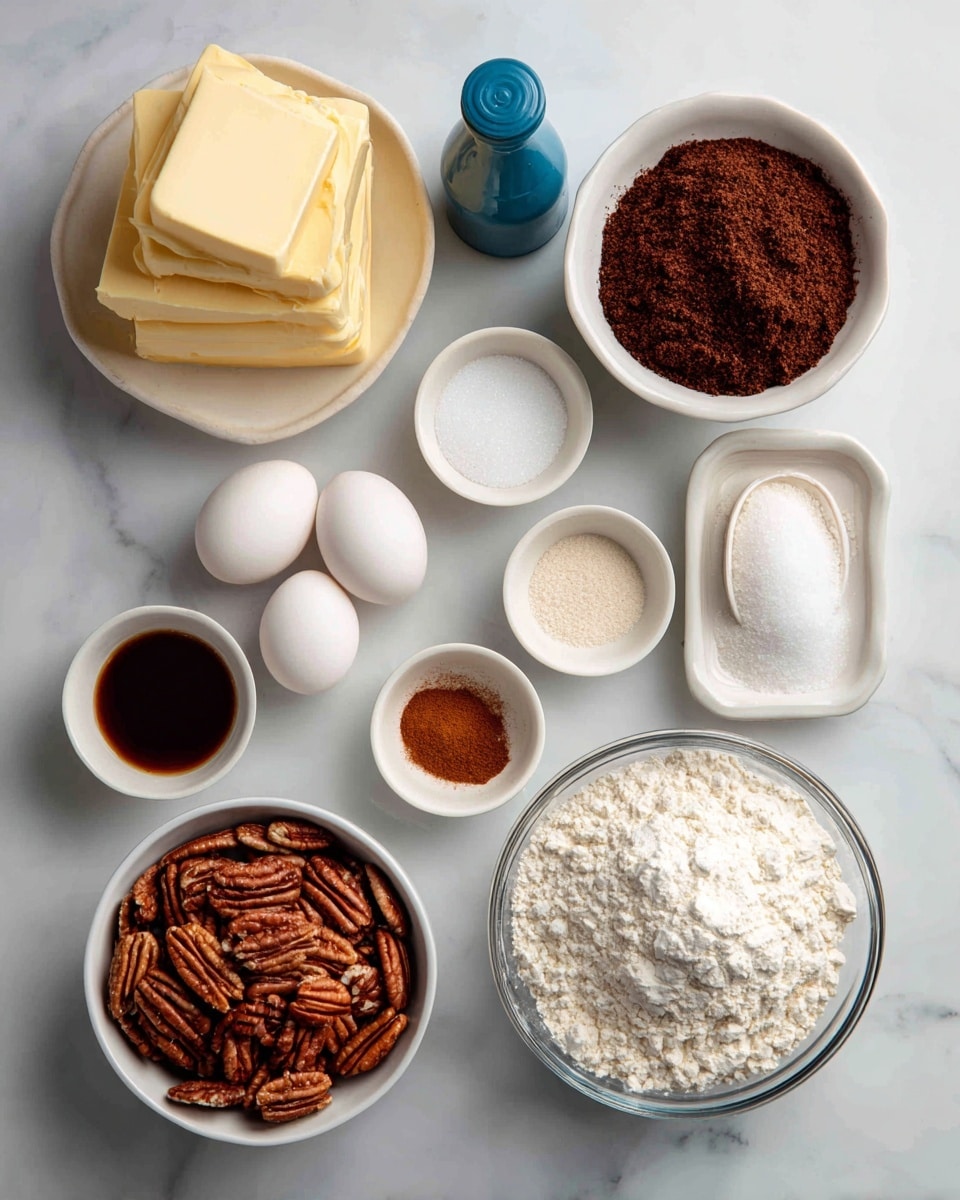 The image shows various baking ingredients neatly arranged on a white marbled surface. In the top left, there are three stacked blocks of pale yellow butter. To the right, a white bowl filled with dark brown sugar with a crumbly texture sits next to a white bowl containing fine white sugar. Below, there is a blue bottle of vanilla extract on the left, two white eggs next to each other in the middle, and three small white bowls holding white baking soda, salt, and cornstarch, respectively. At the bottom, a white bowl full of brown pecans is on the left, next to a small white bowl with reddish-brown cinnamon powder, and a large clear glass bowl containing white flour with a scoop in it. All items are evenly spaced and clearly labeled. Photo taken with an iphone --ar 4:5 --v 7