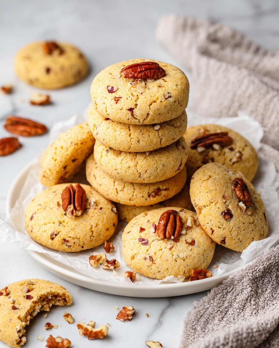 A pile of seven round pecan cookies with a golden brown texture is stacked on a white plate lined with white parchment paper on a white marbled surface. Each cookie has small bits of chopped pecans inside and one whole pecan placed on top at the center. Around the plate, more pecan cookies and loose pieces of pecans are scattered, with one cookie having a bite taken out on the upper right side. A part of a textured light gray cloth is visible in the bottom right corner. Photo taken with an iphone --ar 4:5 --v 7
