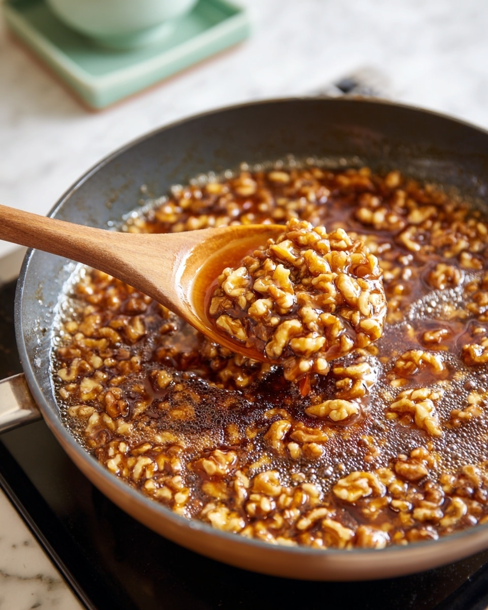 A frying pan is shown filled with a bubbling mixture of small chopped nuts and caramel-colored syrup, creating a textured, glossy surface. Above the pan, a wooden spoon scoops up some of the nutty mixture, highlighting the crunchy nut pieces in a thick, shiny syrup. The pan is on a black stovetop with a white marbled texture around. In the background, there is a small rectangular tray in soft green, out of focus. The overall scene focuses on the rich, warm tones of the nuts and syrup against the dark and neutral kitchen elements. photo taken with an iphone --ar 4:5 --v 7