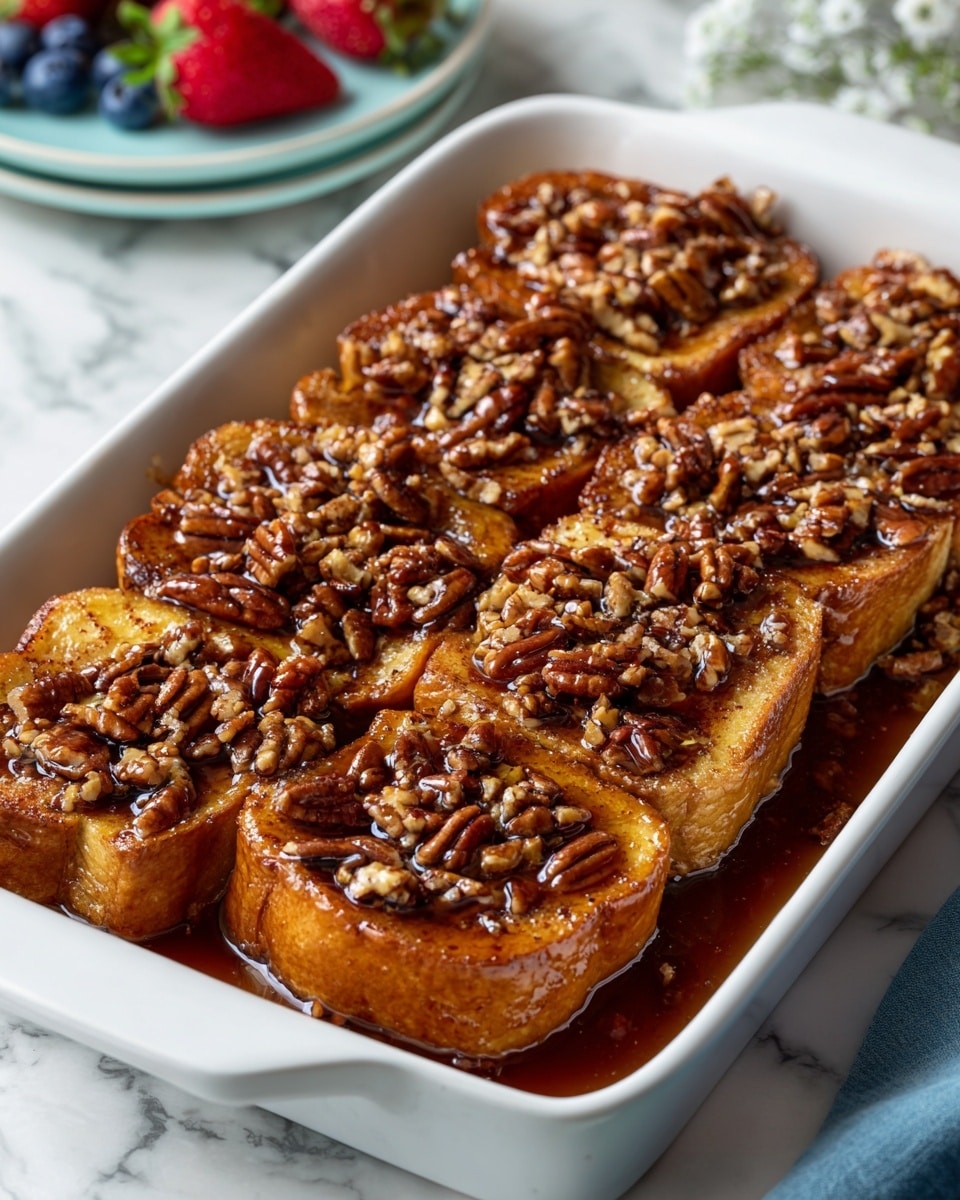 The image shows a white baking dish filled with eight thick slices of golden-brown French toast, arranged in two loose rows. Each slice is topped with a shiny, dark caramel sauce mixed with chopped pecans, covering almost the entire top surface and some parts of the sides of the toast. The pecans add a textured, nutty layer on top with a mix of lighter and darker brown shades, contrasting with the warm, soft bread beneath. The dish sits on a white marbled surface, with a pale blue plate and some fresh strawberries and blueberries slightly visible in the background. Photo taken with an iphone --ar 4:5 --v 7