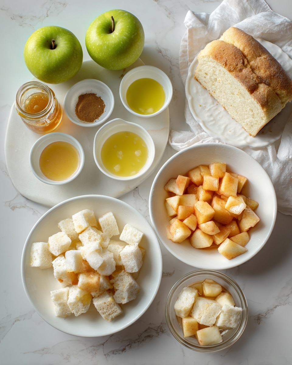 The image shows three stages of making a dessert. On the left, there are ingredients arranged on a white marbled surface: two green apples, a small jar of sauce, three white bowls with yellow liquid, spices, and soft brown sugar, and a white loaf of cake on a white plate. In the middle, two bowls sit on a white cloth on the white marbled surface; one bowl has small orange apple pieces, the other has white cake cubes with some sauce drizzled on top. On the right, a small transparent glass bowl holds a few white cake cubes with sauce, sitting next to a white bowl full of orange apple pieces. Photo taken with an iphone --ar 4:5 --v 7