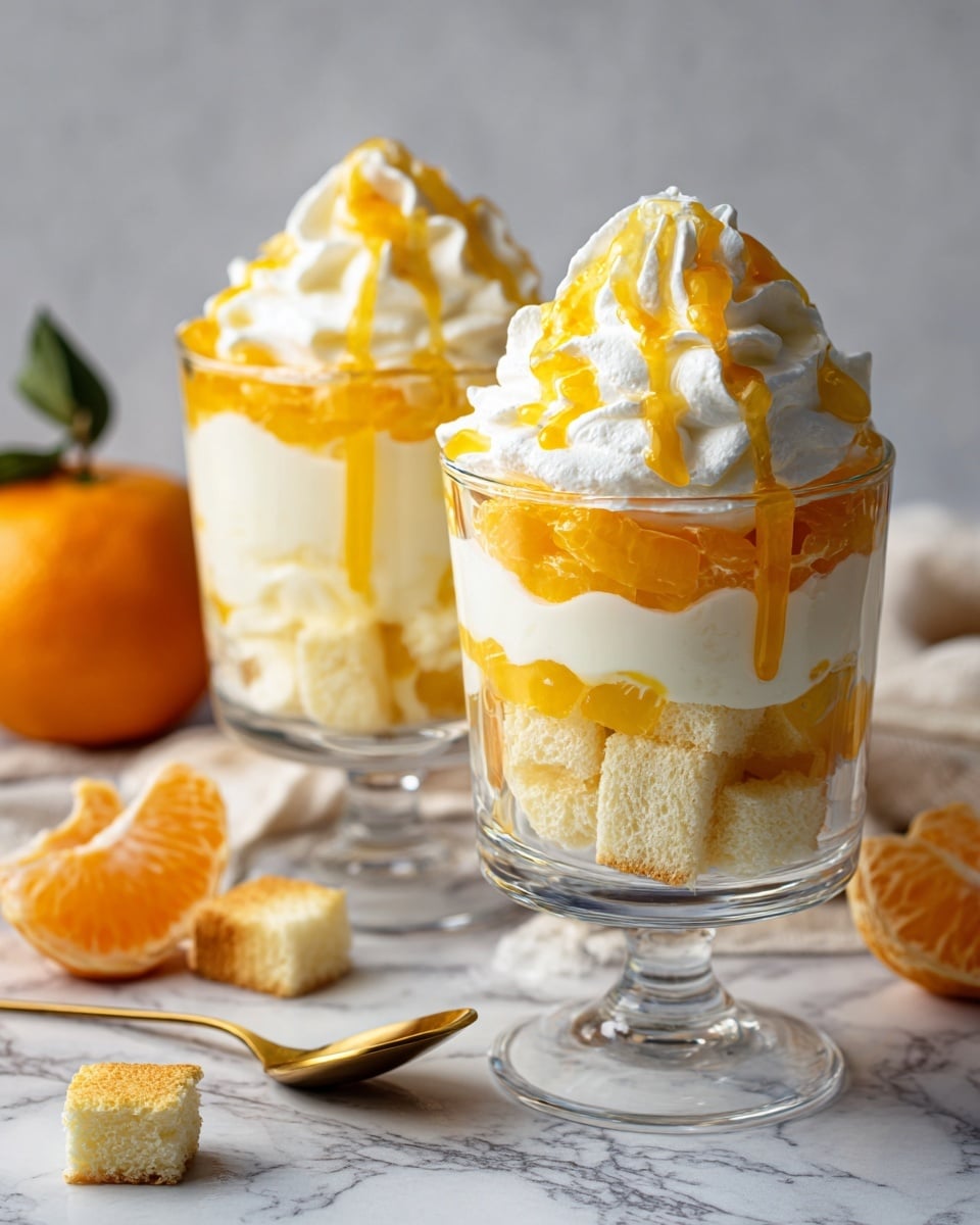 Two clear glasses each show a layered dessert standing on a white marbled surface. The bottom layer is white cream, topped by a layer of soft white cake cubes. Above this is a layer of small, orange-yellow fruit pieces. Each glass is crowned with a large dollop of white whipped cream drizzled with bright orange sauce. In the background, a whole orange fruit and golden spoon rest on the white marbled surface behind the glasses. The photo is taken with an iphone --ar 4:5 --v 7