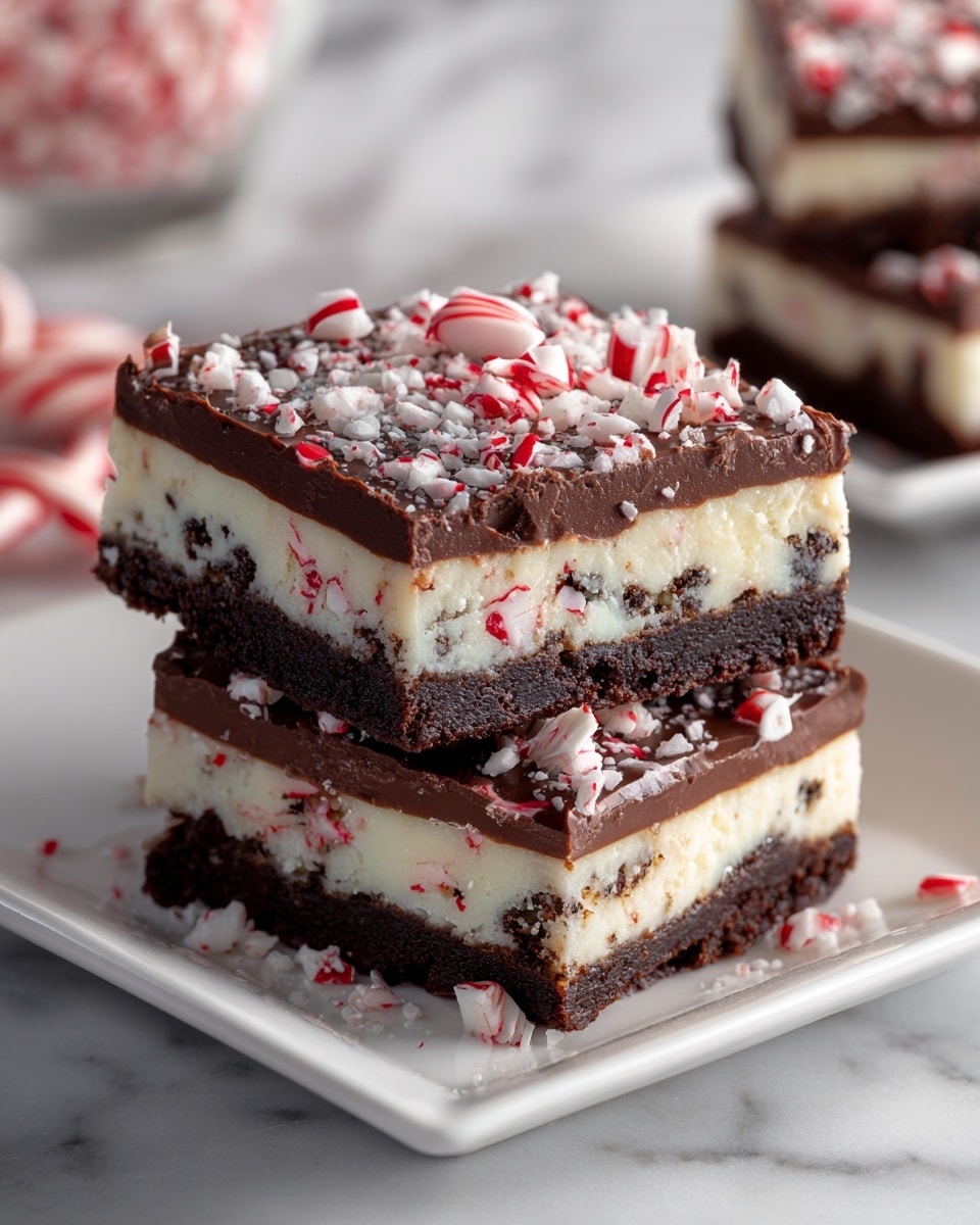 The image shows a three-layered dessert bar on a white square plate with a white marbled surface below. The bottom layer is dark and smooth, likely chocolate, followed by a thick white creamy layer with dark cookie bits in between, repeated twice. The top layer is a glossy dark chocolate with crushed red and white peppermint candy pieces scattered on top, adding texture and color. A woman's hand is not visible but the focus is on the layered bars and the festive red and white peppermint pieces. Photo taken with an iphone --ar 4:5 --v 7