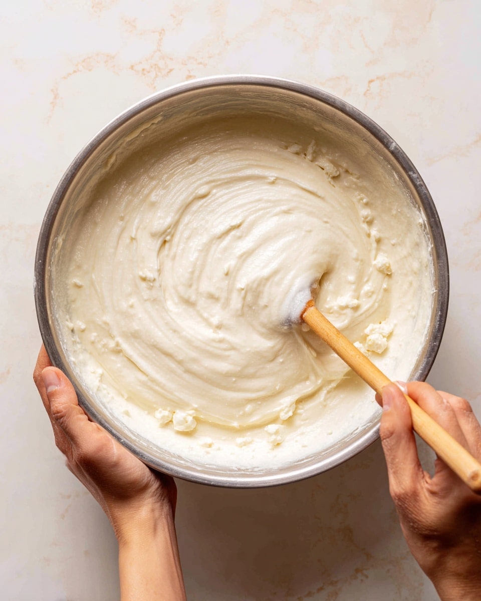A close-up view shows a metal bowl filled with thick, creamy white batter mixed with small chunks, being stirred by a woman's hand holding a wooden spatula. The batter has a smooth texture with visible bits in it, and the bowl is held steady by another woman's hand on one side. The background surface has a white marbled texture. photo taken with an iphone --ar 4:5 --v 7