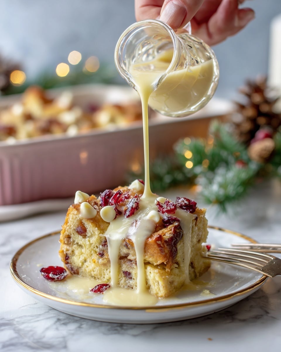 A close-up image of a piece of bread pudding on a white plate with a gold rim, showing three layers of golden brown bread chunks, topped with white chocolate chips and red dried cranberries. A creamy light yellow sauce is being poured over the top from a small clear glass pitcher held by a woman's hand, cascading down the bread pudding and pooling on the plate. In the blurred background, there is a pink baking dish filled with more bread pudding, small warm lights, and some green pine branches with pine cones. The setting is on a white marbled surface with a fork placed beside the plate. Photo taken with an iphone --ar 4:5 --v 7