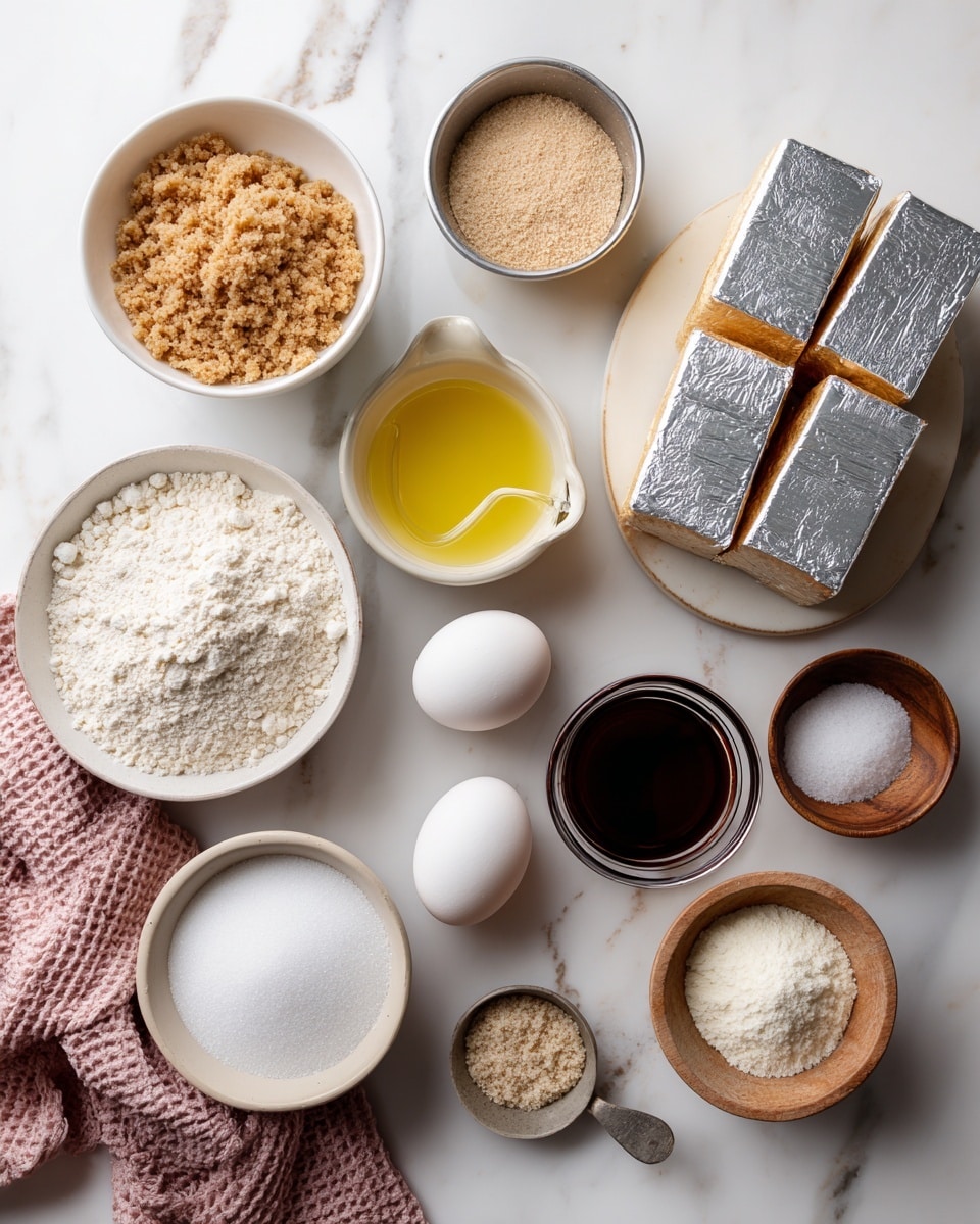 The image shows a flat lay of baking ingredients arranged neatly on a white marbled surface. Starting from the top left, there is a white bowl filled with light brown crushed crumbs, next to a small metal bowl with light brown powder. To the right, four silver foil-covered rectangular blocks are stacked in a loose pile. Below the crumbs, there is a small glass pitcher filled with melted yellow butter, and just below that, two white eggs rest side by side. On the lower left side, there is another white bowl filled with white granulated sugar and next to it a small wooden bowl containing white flour. There is a small metal bowl with dark brown liquid positioned near the eggs, and a smaller metal bowl with white salt below it. A light brown powder is in a small metal bowl near the flour. A pink textured cloth is visible at the bottom left edge of the scene. The layout is clean and simple, showing key baking elements. Photo taken with an iphone --ar 4:5 --v 7