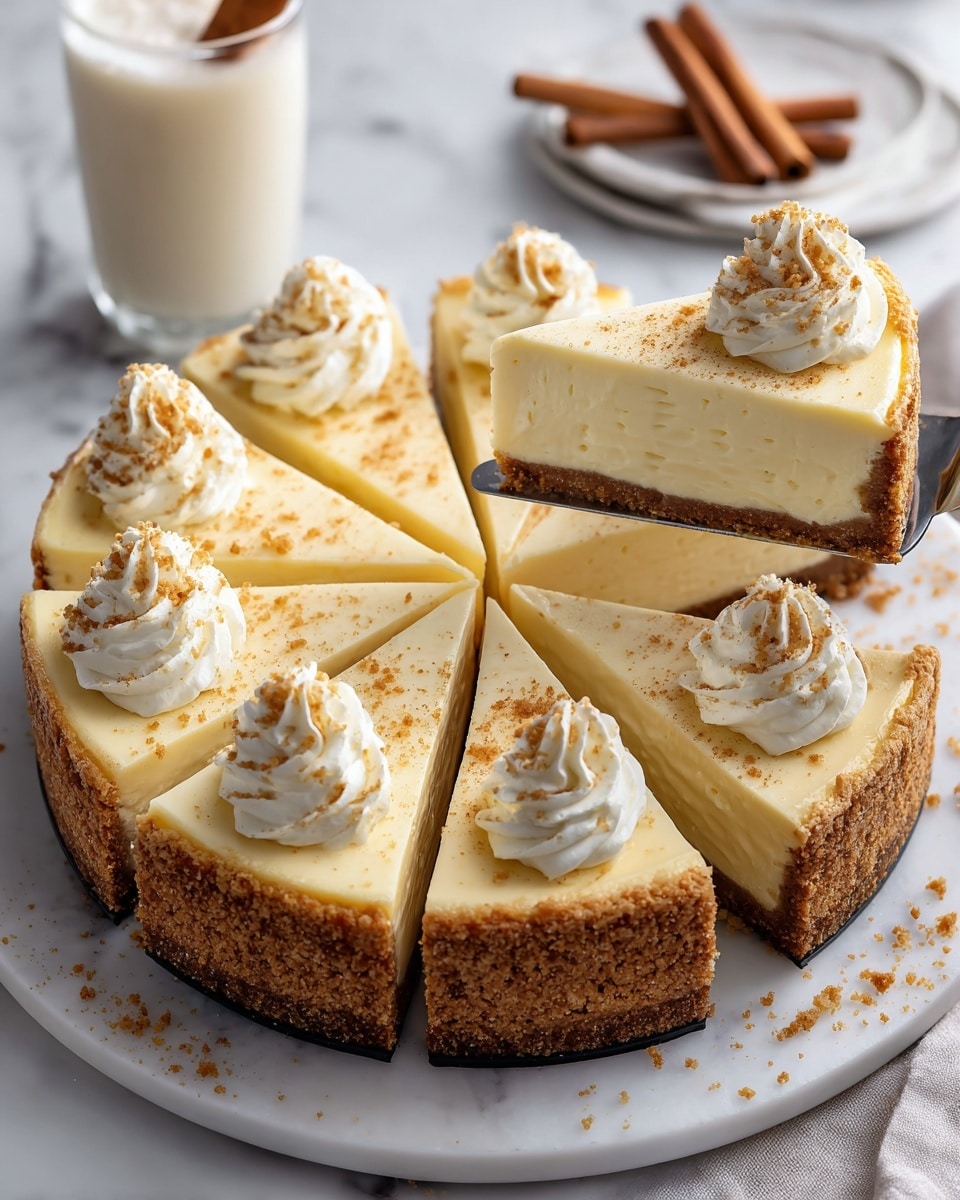 A round cheesecake sliced into eight pieces sits on a white plate, placed on a white marbled surface. Each slice has three layers: a dark brown crumbly crust at the bottom, a thick creamy pale yellow middle layer, and a small swirl of white whipped cream on top of each slice. Light brown crumbs are sprinkled gently over the whipped cream. One slice is being lifted by a metal spatula, showing the smooth texture of the cheesecake inside. In the background, a glass of creamy white drink with a cinnamon stick and whole cinnamon sticks are visible, slightly blurred. Photo taken with an iphone --ar 4:5 --v 7
