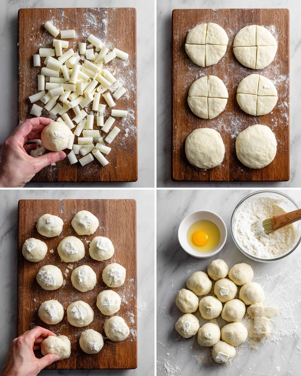 The image shows four steps of making stuffed dough balls on a wood cutting board and a white marbled surface. Step 1 has many small white cheese cylinders cut into pieces scattered on the board. Step 2 shows round dough discs divided into four sections each, spread out evenly. In Step 3, a woman's hand holds one quarter of a dough disc with a small white cheese piece placed in the center, with other similar dough pieces around. Step 4 shows many small round dough balls arranged in a pyramid shape on a white marbled surface, a bowl with beaten egg and a brush ready for egg wash beside them. Photo taken with an iphone --ar 4:5 --v 7