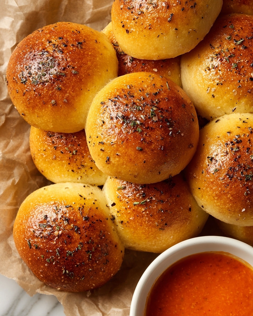 A close-up view of a cluster of golden brown dinner rolls, each roll round and shiny with a slightly crispy top, sprinkled with black pepper and dried herbs. The rolls are touching each other, forming a soft mound with a uniform, glossy texture highlighted by the light. In the bottom right corner, there is a white bowl partially visible, filled with smooth, bright red-orange sauce. The background is a white marbled texture with some crumpled brown paper under the rolls. photo taken with an iphone --ar 4:5 --v 7