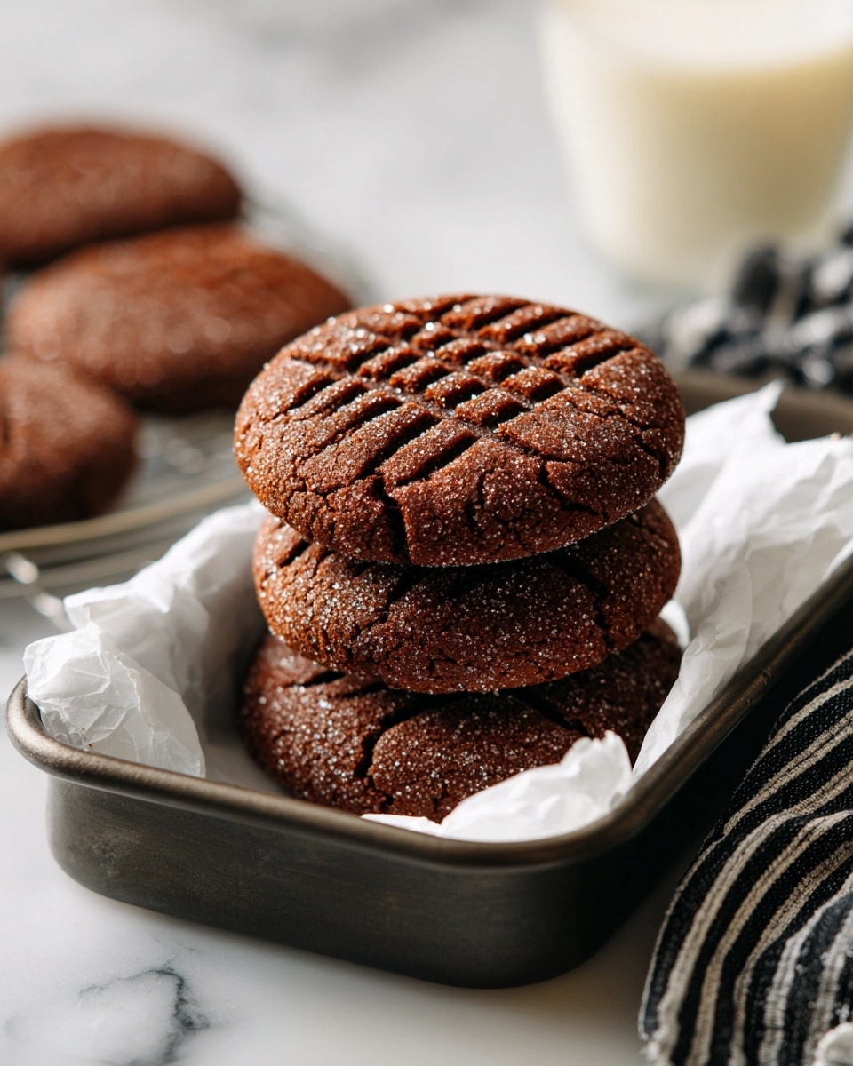The image shows a stack of three large, round chocolate cookies in a dark metal tray lined with white parchment paper. Each cookie has a deep crisscross pattern pressed into the top, and a grainy sugar coating that sparkles slightly on the surface. The cookies have a rich, dark brown color with a slightly rough texture. In the background, there are more cookies slightly out of focus and a glass of milk on a white marbled surface. A black and white striped cloth is seen at the side near the tray. photo taken with an iphone --ar 4:5 --v 7