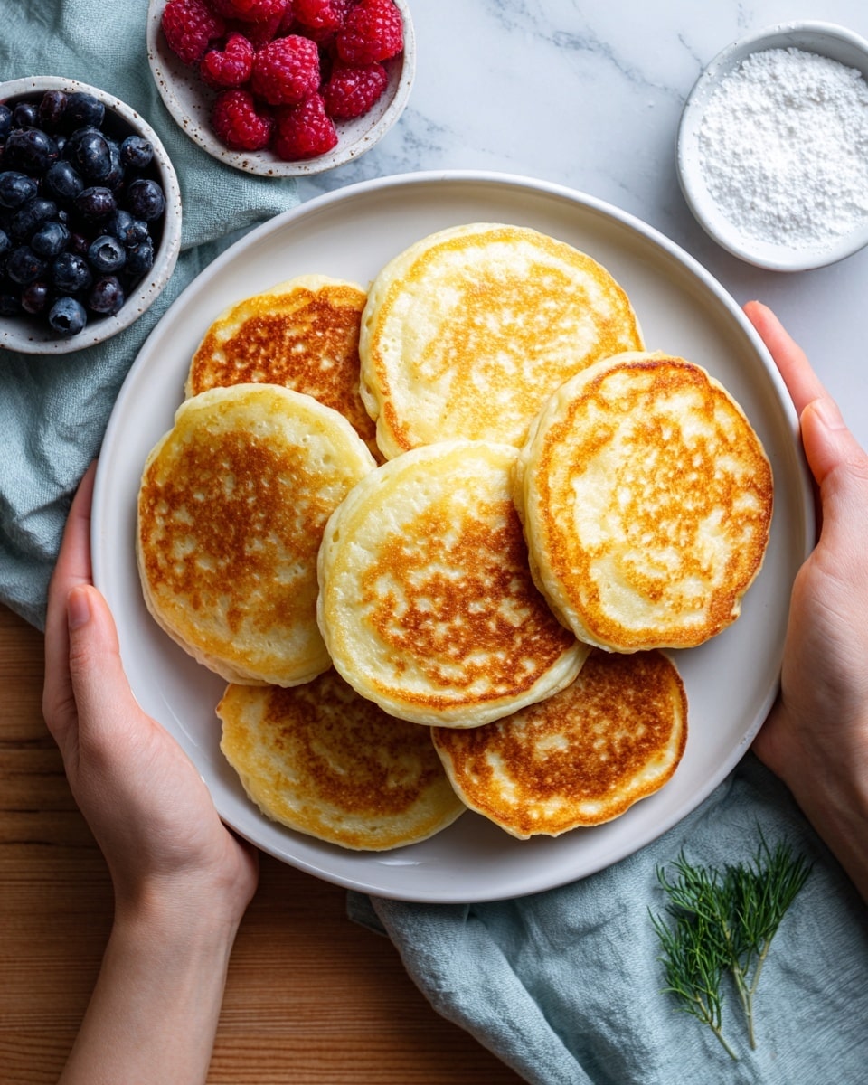 A white plate filled with seven round pancakes stacked close together, each pancake showing a golden-brown top with a slightly crispy texture and soft sides in a light yellow color, held by a woman's two hands on a wooden table. To the left, two small white bowls sit on a light blue cloth; one bowl contains dark blue blueberries, while the other has bright red raspberries. On the right side of the plate, there is a small white shallow dish with white powder, possibly sugar, and a couple of small green sprigs lying beside it on the wooden table, which will be changed to a white marbled texture. Photo taken with an iphone --ar 4:5 --v 7