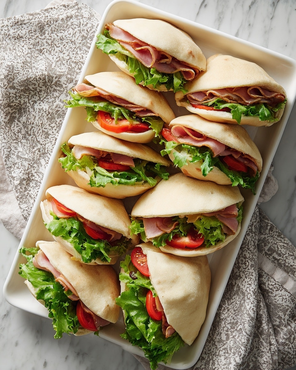 The image shows eight small pita sandwiches arranged on a white rectangular tray. Each pita pocket is cut in half, revealing inside layers from bottom to top: pale green leafy lettuce, bright red tomato slices, and thin, light pink meat slices. The pita breads are a light beige color with a soft texture. The tray is placed on a white marbled surface with a patterned cloth beneath it. The overall look is fresh and colorful with the sandwich ingredients clearly visible. photo taken with an iphone --ar 4:5 --v 7