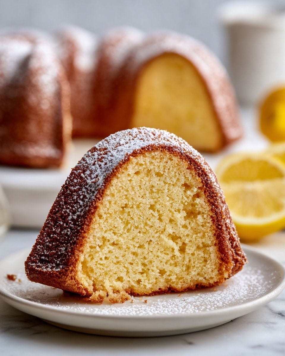 A close-up view of a single large slice of golden brown bundt cake with a soft, moist, and crumbly inner texture, lightly dusted with powdered sugar on the top curved crust. The cake slice stands on a smooth, white plate placed on a white marbled surface. In the blurred background, there are slices of yellow lemon adding a fresh contrast to the warm cake colors. Photo taken with an iphone --ar 4:5 --v 7