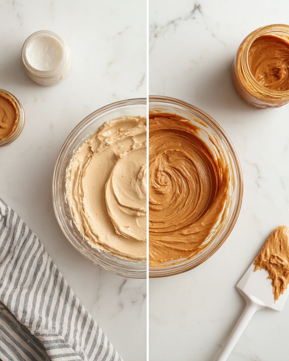 The image is split into two parts, both showing a clear glass bowl on a white marbled surface. On the left side, the bowl contains two large dollops of creamy mixtures: one light beige and smooth, the other a rich peanut brown with a silky texture, positioned side by side but not mixed. Above the bowl, there are two open containers, one off-white and the other a peanut butter jar with its lid removed. On the right side, the same bowl now holds a fully mixed, smooth, peanut brown batter with soft swirls. Next to it, a white spatula with some peanut brown mixture rests on the white marbled surface. A striped cloth is partially visible in the lower left corner of each side. Photo taken with an iphone --ar 4:5 --v 7