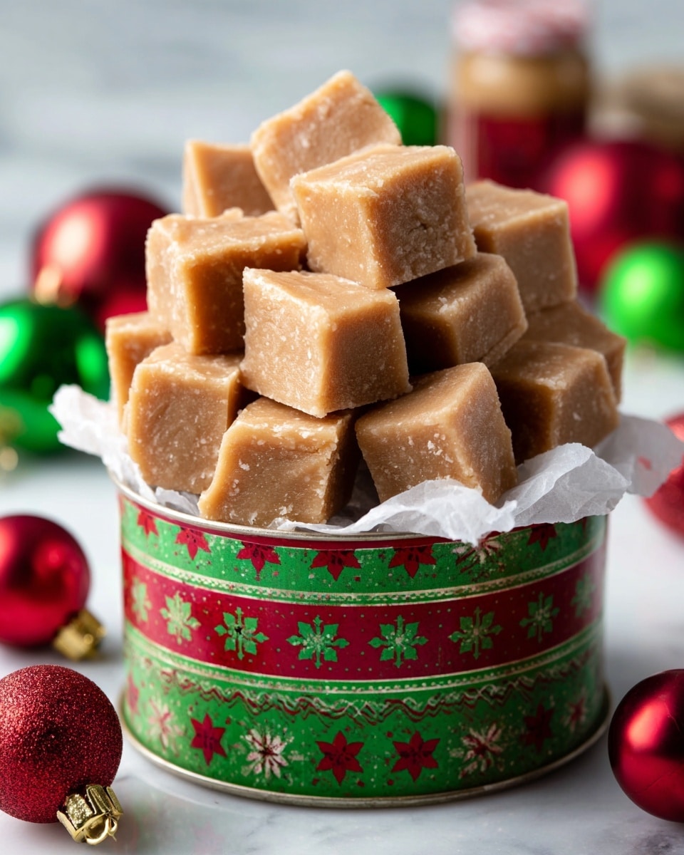 A round container with a festive green and red holiday design holds a large pile of light brown fudge squares. They are cut into small, even cubes stacked loosely on white crinkled parchment paper inside the container. The fudge has a smooth, slightly matte surface with faint texture, and the cubes’ edges are clean and sharp. In the blurry background, there are shiny red and green Christmas ornaments and a peanut butter jar, all set on a white marbled surface. Photo taken with an iphone --ar 4:5 --v 7
