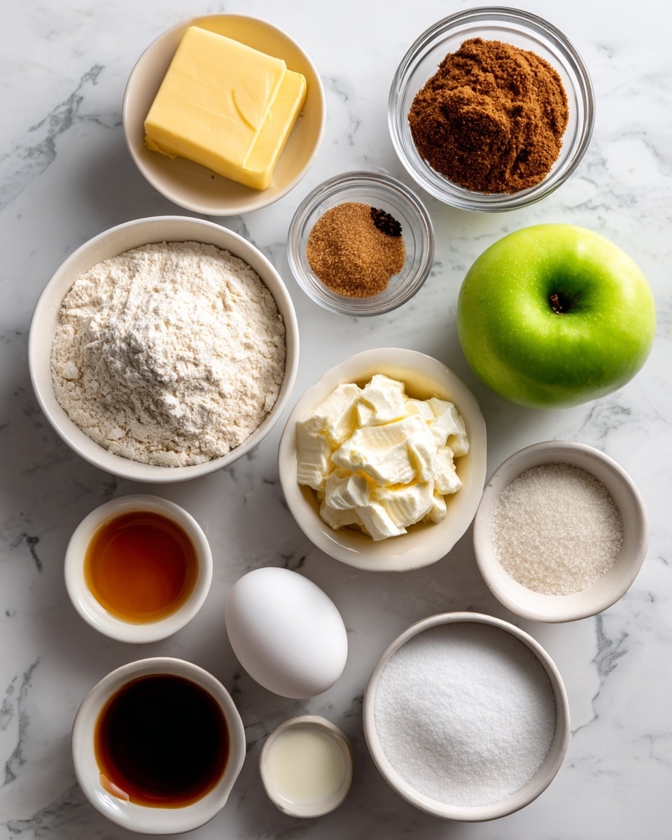 The image shows a flat lay of various baking ingredients arranged neatly on a white marbled surface. At the top left is a small white bowl with a slab of yellow butter. Next to it on the right is a clear glass cup filled with dark brown sugar. Below the brown sugar is a small white bowl with a few brown spices. To the right, a bright green apple sits on the surface. At the left center is a clear glass bowl filled with white flour mixed with salt, baking powder, and baking soda. Below this bowl is another white bowl holding thick cream cheese. Next to the cream cheese is a single white egg resting directly on the surface. To the right of the egg is a white bowl with dark caramel sauce. Above the caramel is a small white bowl with amber-colored concentrated apple juice. Below the apple is a white bowl filled with granulated white sugar, and at the bottom right is a clear glass bowl filled with powdered sugar. Near the center above the flour, there is a small white cup holding a brown liquid of vanilla extract. Everything is evenly spaced, showing each ingredient clearly. Photo taken with an iphone --ar 4:5 --v 7