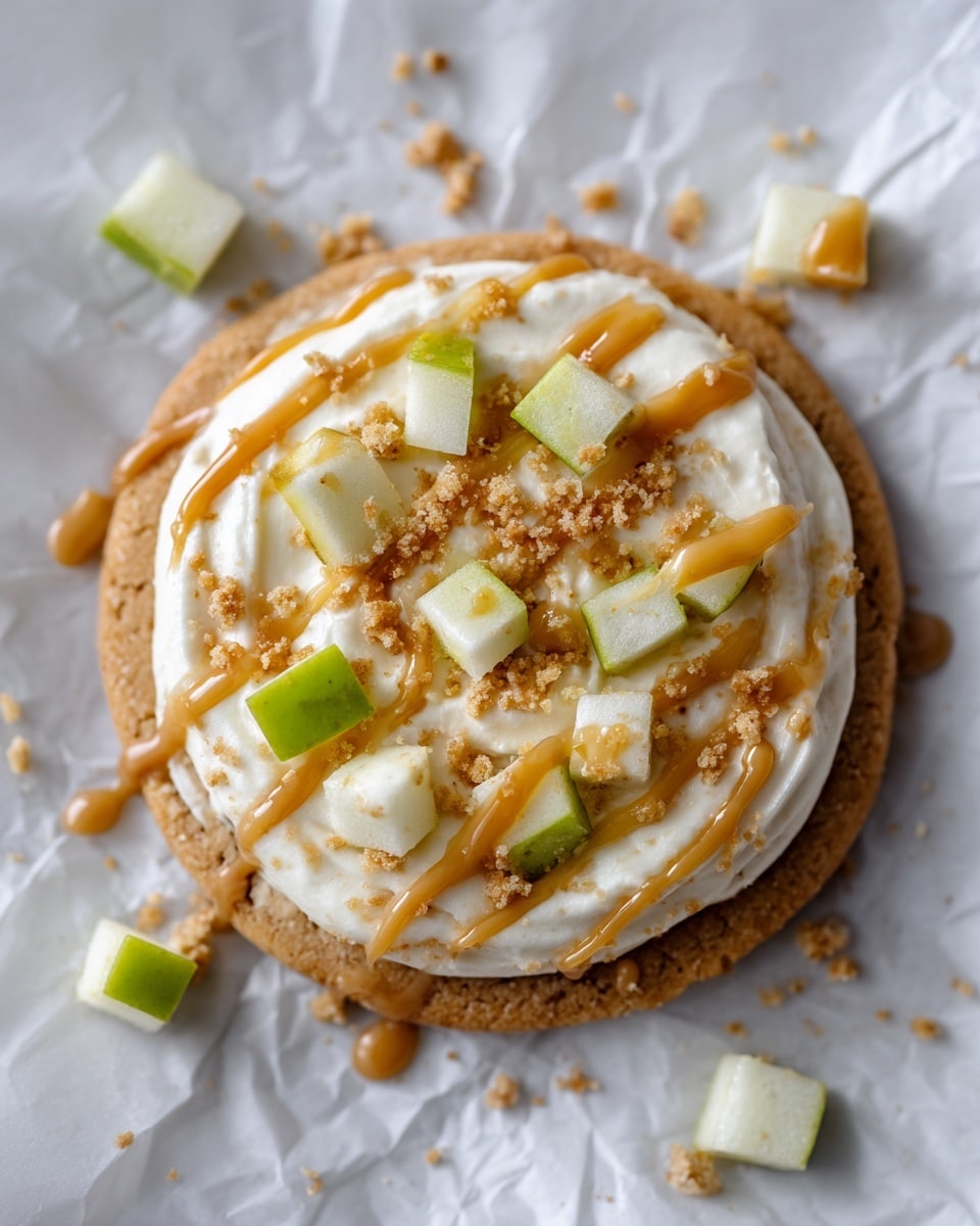 A round cookie with a light brown base sits on crinkled white parchment on a white marbled surface. On top of the cookie is a thick, smooth layer of creamy white frosting, spread in a circular pattern. Small, fresh green apple cubes and light brown crumbly bits are sprinkled over the frosting. Bright caramel sauce drizzles across the cookie in three wide, wavy lines from top left to bottom right. A white marbled background with pieces of crumble and a green apple partially in frame surround the cookie. photo taken with an iphone --ar 4:5 --v 7