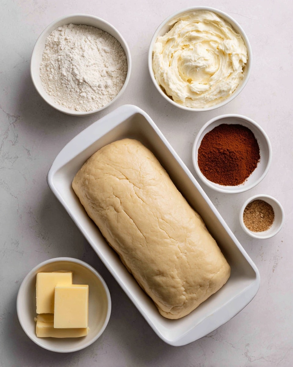 A white rectangular dish holds a large log of light beige sugar cookie dough with a smooth but slightly cracked surface, placed on a white marbled texture background. Around the dish are small white bowls filled with ingredients: one bowl at the top right contains creamy, off-white premade cream cheese frosting, a small bowl with rich brown cinnamon powder sits beside it, and below these are three more white bowls holding light beige all-purpose flour, dark brown dark brown sugar, and a square of yellow salted butter. Each ingredient is clearly visible and arranged neatly. Photo taken with an iphone --ar 4:5 --v 7