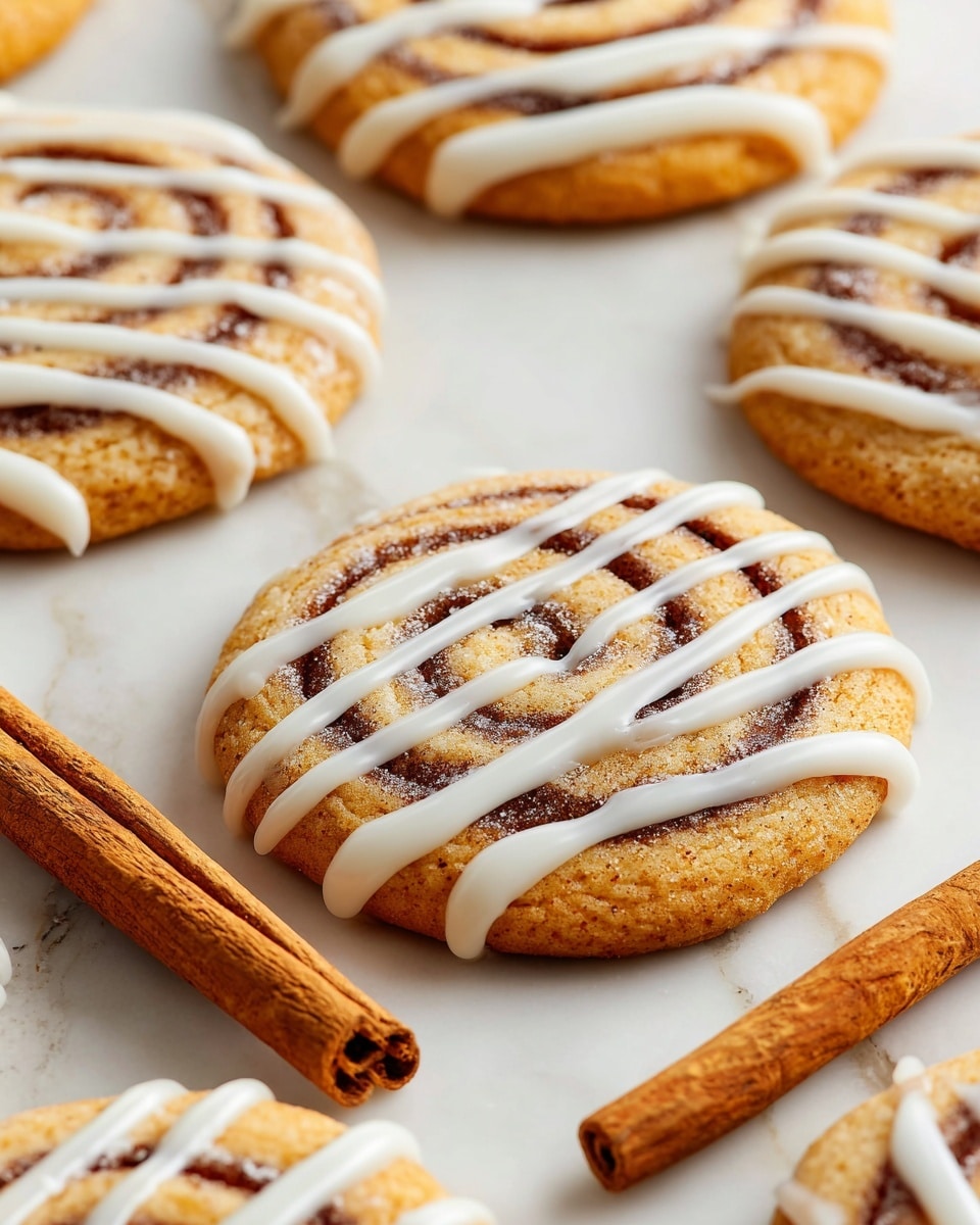 A close-up view of several round cinnamon swirl cookies arranged on a white marbled surface. Each cookie has one thick light golden layer with visible darker brown cinnamon swirls forming a spiral pattern, with a smooth texture on the edges. On top, there is a layer of white icing drizzled in thin, loose zigzag lines crossing each cookie evenly. In the background and around the cookies, there are two cinnamon sticks with warm brown color and a woody texture, adding a rustic touch. Photo taken with an iphone --ar 4:5 --v 7