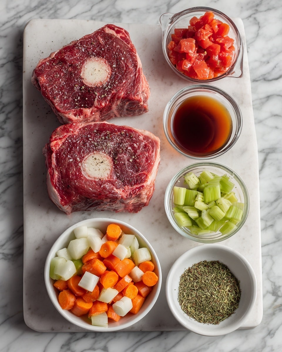 The main image shows two thick raw beef cuts with a round white bone in the center, sprinkled with coarse salt and black pepper, resting on a white marbled cutting board texture. To the right, four smaller images are stacked vertically: the top shows bright red tomato chunks in clear glass measuring cup, the second displays a darker brown liquid in a similar glass measuring cup, the third shows a white bowl filled with mixed dry herbs of green and brown shades, and the bottom image presents a white bowl with a mix of chopped vegetables including orange carrots, light green celery, white onions, and minced garlic on top. photo taken with an iphone --ar 4:5 --v 7
