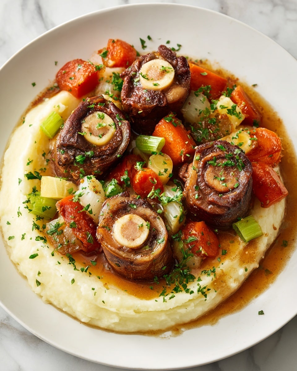 A white plate filled with a base layer of smooth, creamy white mashed potatoes spread evenly around the edges; on top, three pieces of dark brown, richly seasoned meat shanks with round, light brown bone marrow in the center of each piece. Scattered over and around the meat are pieces of soft, cooked vegetables in reddish orange, orange, and green colors, including sliced carrots, chopped celery, onions, and diced tomatoes. The dish is sprinkled with finely chopped fresh green herbs, and a shiny brown sauce coats parts of the meat and vegetables. The plate sits on a white marbled surface. Photo taken with an iphone --ar 4:5 --v 7