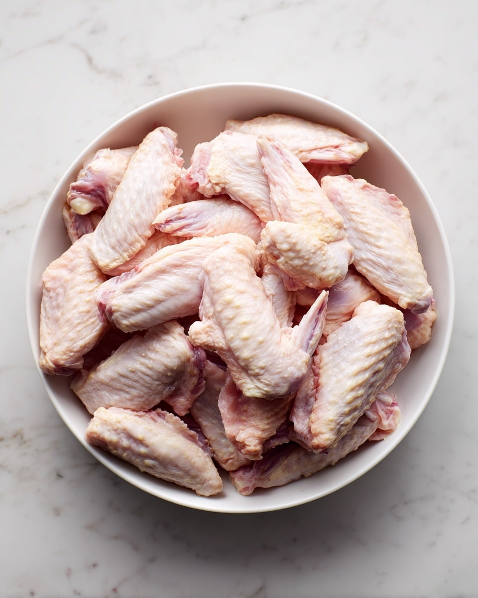 A white bowl is filled with many raw chicken wings layered in a loose pile. The chicken wings are pale pink with some parts showing a smooth, slightly shiny skin texture and others showing small bits of flesh and bone at the edges. The bowl sits on a white marbled surface that shows soft grey veining. The image captures the chicken wings from above, giving a clear view of their natural shape and details. photo taken with an iphone --ar 4:5 --v 7