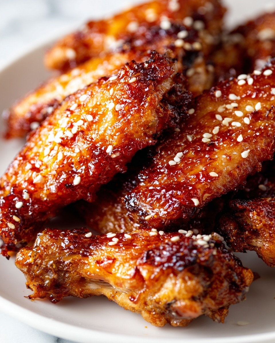 A close-up of several golden brown chicken wings covered in a shiny, sticky glaze, and sprinkled with small white sesame seeds. The wings are arranged closely on a white plate, resting on a white marbled surface. The glaze gives the wings a rich, glossy texture, highlighting their crispy edges and tender meat inside. The image focuses on the detailed surface of the wings, showing the layers of crispy skin and sauce. Photo taken with an iphone --ar 4:5 --v 7