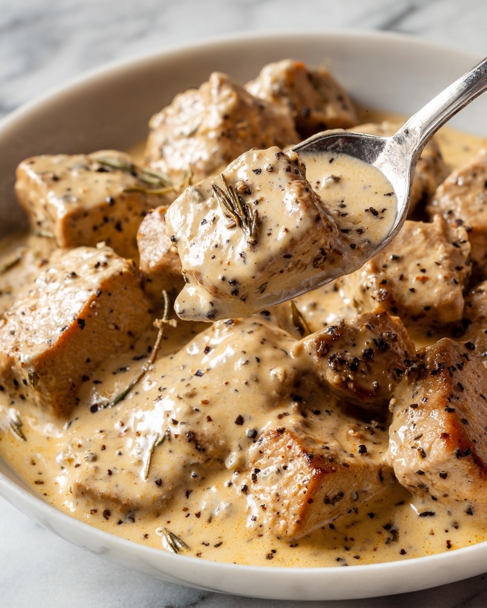 The image shows a close-up of cooked pieces of meat covered in a thick, creamy light tan sauce with visible black pepper and small herb bits. The creamy sauce glistens, covering the meat fully, and has a speckled texture from the pepper and herbs. The meat pieces are pale brown under the sauce, sitting closely on a white marbled surface. A shiny metal spoon is gently lifting one piece, showing the sauce’s smooth and thick consistency. Photo taken with an iphone --ar 4:5 --v 7