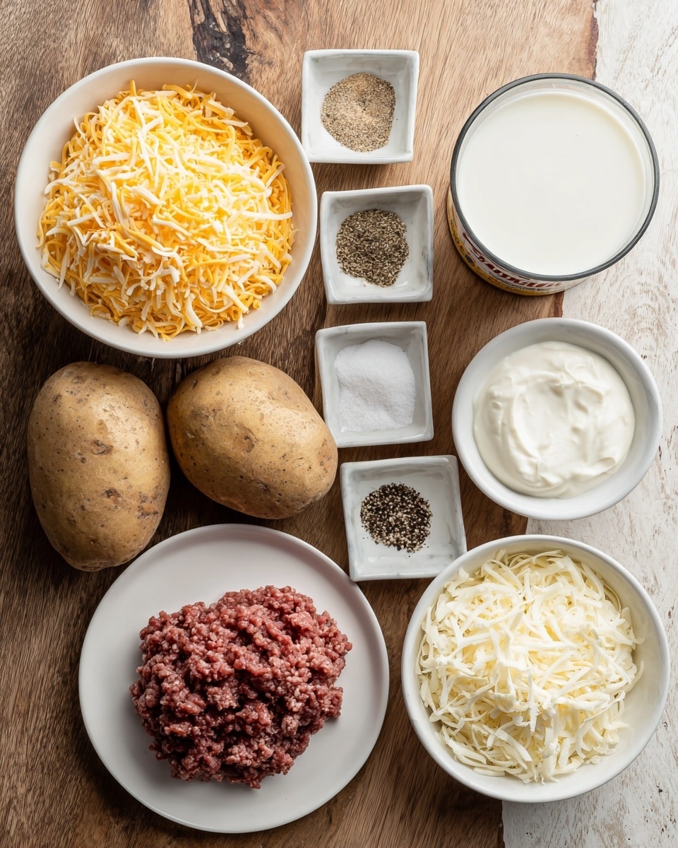 The image shows cooking ingredients on a wooden table with a white marbled texture background. There is a white bowl with shredded orange cheddar cheese at the top left. To the right, there are four small white bowls containing black pepper, garlic powder, salt, and onion powder, positioned in a square shape. Next to these seasonings, there is a glass filled with milk at the top right. Below that, four large brown potatoes lie close to each other. At the bottom left, there is a white plate with black specks holding a large portion of raw ground beef. Near the bottom center, a white bowl contains sour cream. At the bottom right, another white bowl is filled with shredded white cheese. A can of Campbell's cheddar cheese soup is slightly tilted on the table near the white plate with beef. Photo taken with an iphone --ar 4:5 --v 7