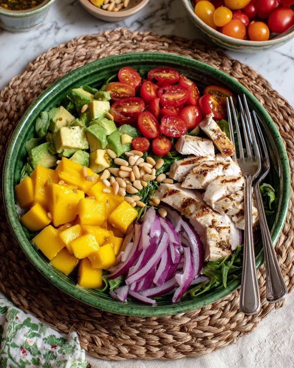 A green bowl sitting on a woven placemat holds a colorful salad with five clear sections: bright yellow mango chunks on the front left, green avocado cubes next to it on the left side, red cherry tomato halves on the top right, grilled white chicken slices with a light char on the far right, and thin purple onion slices at the bottom right. The salad is topped with small light brown pine nuts and some green herbs scattered over the chicken and tomatoes. Two forks rest on the right side of the bowl. The background has a white marbled texture with some small bowls and cherry tomatoes visible. Photo taken with an iphone --ar 4:5 --v 7