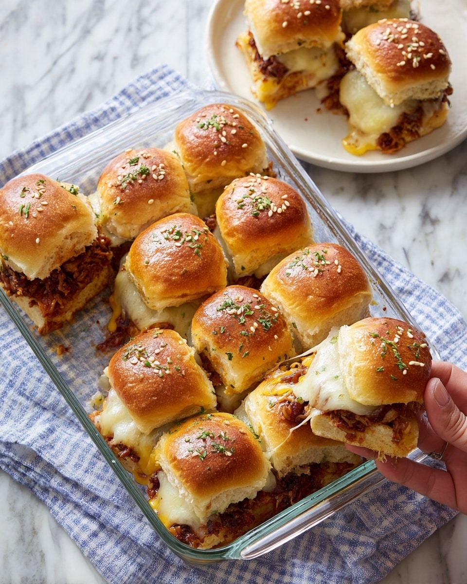 The image shows several small sandwiches with three main layers: a top layer of light golden brown buns sprinkled with sesame seeds and herbs, a middle layer of melted pale yellow cheese that drapes over the next layer, and a bottom layer of crispy, golden brown cooked meat between the buns. The sandwiches are arranged in a clear glass dish on a blue and white checkered cloth, placed on a white marbled surface. A woman's hand is lifting one sandwich out with a small knife while two more sandwiches sit on a white plate nearby. Photo taken with an iphone --ar 4:5 --v 7