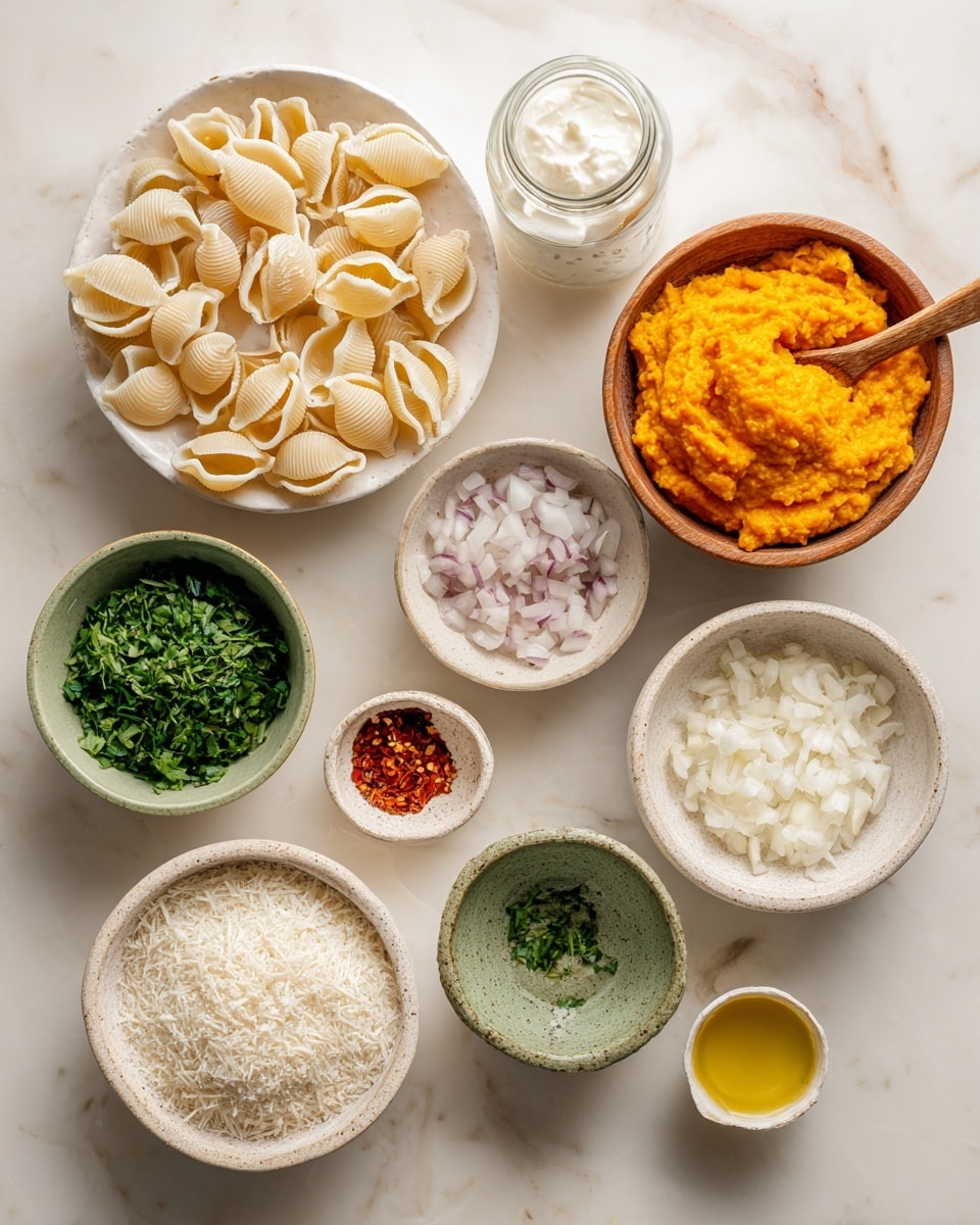 A top view of various ingredients placed on a white marbled surface: at the center bottom, a white bowl filled with dry shell-shaped pasta; above it to the right, a small wooden bowl with bright orange pumpkin puree and a wooden spoon inside; to the right of the pumpkin puree, a small clear glass jar filled with white heavy cream; centered between these bowls, a tiny white dish with red chili flakes; bottom left, a white bowl filled with chopped onions; above the onions, a small bowl with finely chopped fresh green herbs; next to the herbs, a green bowl heaped with grated white Parmesan cheese; near the bottom left, a small bowl with minced garlic; far right bottom corner, a small white cup filled with olive oil; a small glass container holding a golden liquid labeled as vodka optional near the pumpkin puree. photo taken with an iphone --ar 4:5 --v 7