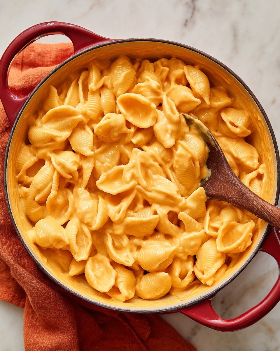 The image shows a close-up of shell pasta covered in thick, creamy bright orange cheese sauce inside a round red pot with two handles. The pasta shells are fully coated, showing a smooth and rich texture. A wooden spoon with a darkened tip is partially stirring the pasta from the right side of the pot. The pot is placed on a white marbled surface with an orange cloth beside it. The cheese sauce looks smooth and creamy, enveloping all pasta pieces evenly. photo taken with an iphone --ar 4:5 --v 7