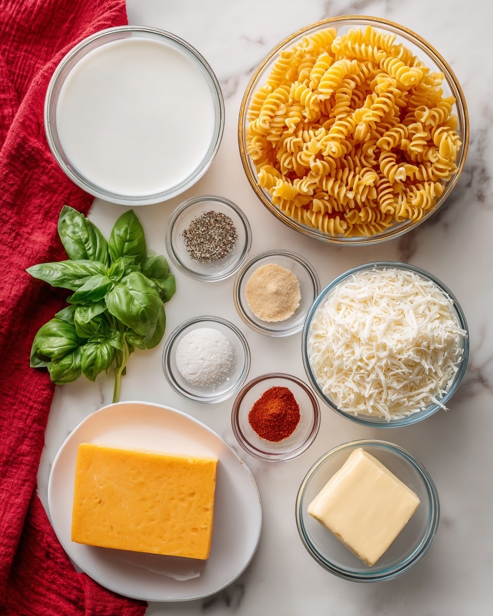 The image shows various cooking ingredients arranged neatly on a white marbled surface with a red cloth on the left side. There are eight glass bowls and one white plate visible. The top-left glass bowl contains white milk. To its right, a larger glass bowl is filled with dry, yellow spiral pasta. In the middle, there is a small glass bowl divided into three sections, holding garlic powder (light beige), salt/pepper mix (white and black), and a blank section. Below that is a glass bowl filled with grated white Parmesan cheese. A small bunch of fresh green basil leaves is placed near the center-left. A white plate holds a block of orange cheddar cheese. Near the bottom right, a small glass bowl contains a light yellow cube of butter. Next to it is another small glass bowl divided into three sections with white flour, red paprika powder, and an empty space. Every item is clearly labeled. The composition is bright and clean with a top-down view. Photo taken with an iphone --ar 4:5 --v 7