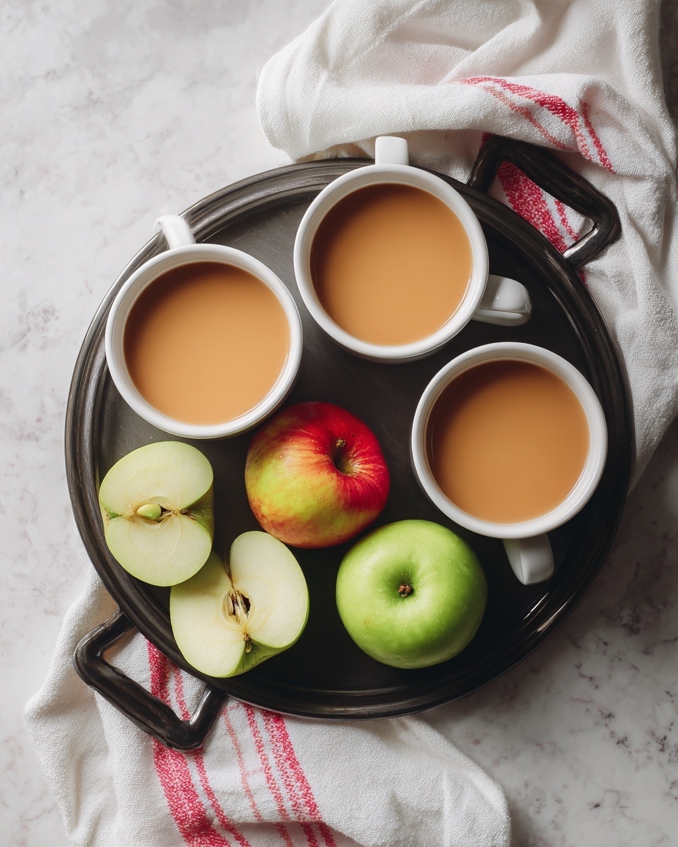 Three white mugs filled with light brown creamy liquid sit on a black tray placed over a white marbled surface. The mugs have a subtle ridged design near the top and wide handles. Two apples, one red and one green, are on the tray near the mugs. A white cloth with red stripes is partly visible on the right side of the tray. The background is plain and softly lit. photo taken with an iphone --ar 4:5 --v 7