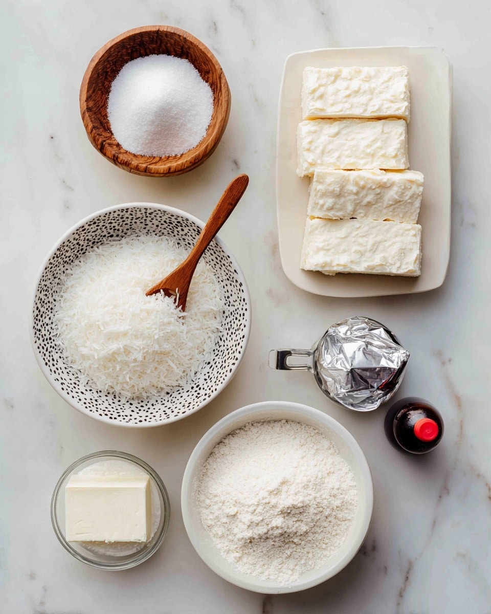 The image shows several baking ingredients placed on a white marbled surface. In the top right corner, there are two large blocks of white almond bark on a small white plate. To the left, a wooden measuring cup filled with fine white powdered sugar is visible. Below this, a white bowl with black dots holds a large amount of shredded coconut with a wooden spoon resting on top. At the bottom left, a small glass container holds white coconut cream, and next to it, an opened silver foil package reveals a block of cream cheese. To the right of the cream cheese, a cup filled with very fine white almond flour is placed in a white measuring cup. A small dark brown bottle with a red cap is beside the flour, labeled as coconut extract. All items are neatly arranged, and the text labels show their quantities. Photo taken with an iphone --ar 4:5 --v 7