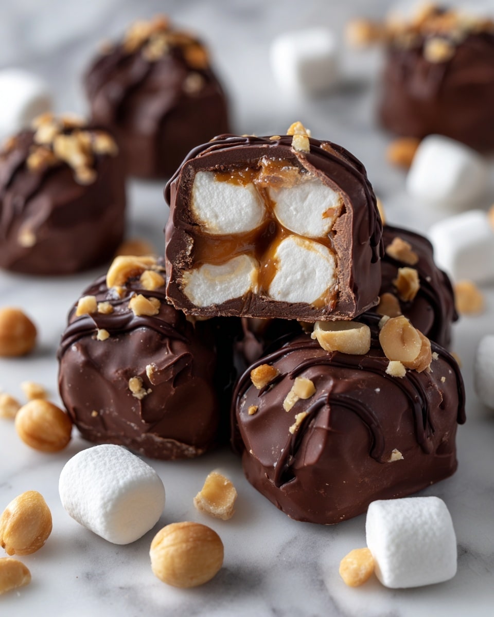 The image shows several clusters of dark brown chocolate rocks with a rough texture. One piece is cut in half at the center, revealing white marshmallows and light tan nuts inside, embedded in the chocolate. Around the clusters, there are loose white marshmallows and tan nuts scattered on a white marbled surface. The chocolate pieces have a glossy finish with smooth and slightly wavy drizzles on top. photo taken with an iphone --ar 4:5 --v 7