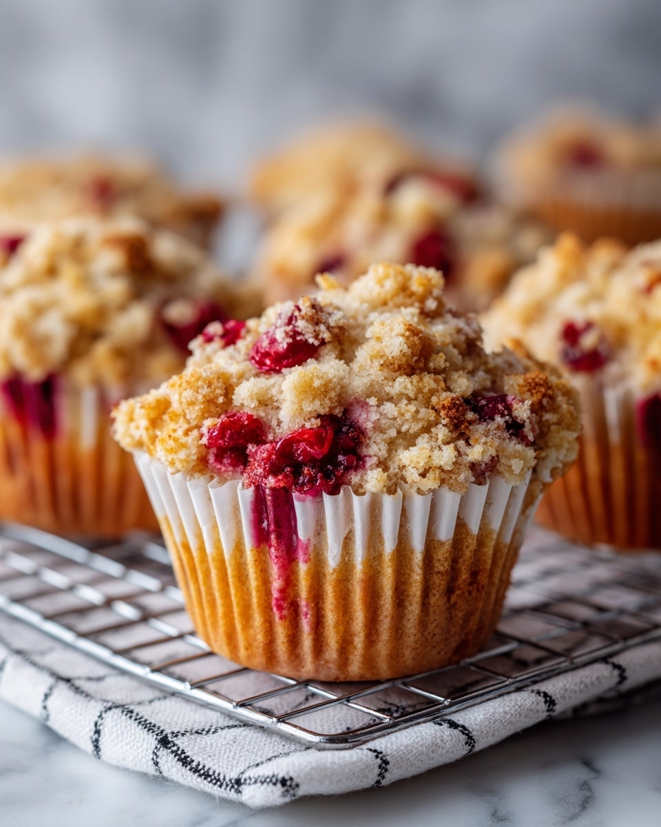 The image shows a close-up of golden muffins with a crumbly, light brown topping and bright red berries scattered throughout the batter. The muffins are in white paper liners and rest on a metal cooling rack. The background is softly blurred, with more muffins visible in the distance. A white cloth with a black grid pattern is placed under the rack on a white marbled surface. The lighting highlights the textures of the crumb topping and juicy berries, making the muffins look fresh and inviting. Photo taken with an iphone --ar 4:5 --v 7