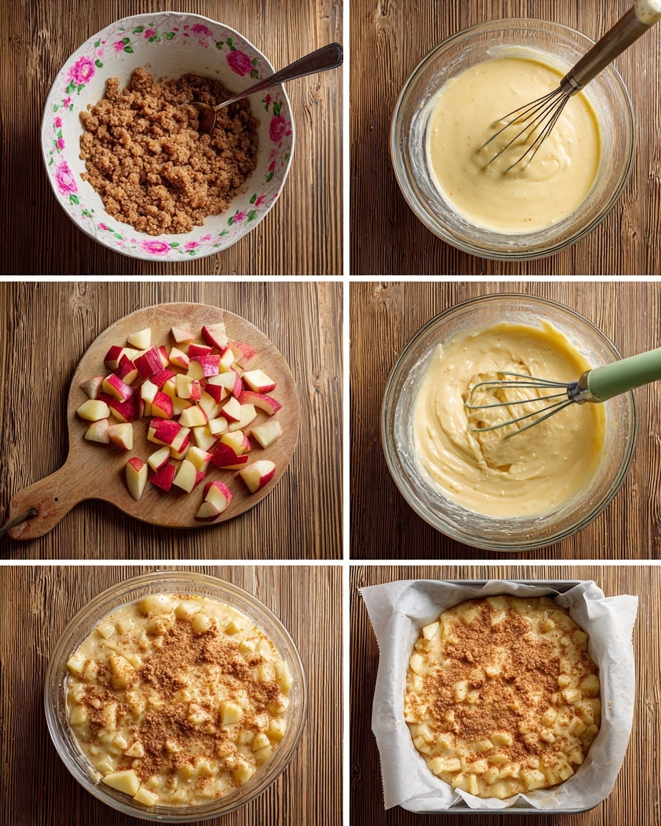 The image shows six steps of making a dessert. Step 1: A white bowl with pink flowers holds a brown crumbly mixture with a fork partially stirring it. Step 2: Chopped apple pieces with red skin lie scattered on a wooden board. Step 3: A whisk dips into a pale yellow batter with small lumps. Step 4: The batter thickens with visible pieces and a green spatula mixing it inside a glass bowl. Step 5: A closer look at the thick batter with chunky apple pieces inside a clear glass bowl. Step 6: A white parchment-lined pan with pale batter spread evenly, sprinkled with the brown crumbly mixture on top, placed on a wood surface. Photo taken with an iphone --ar 4:5 --v 7