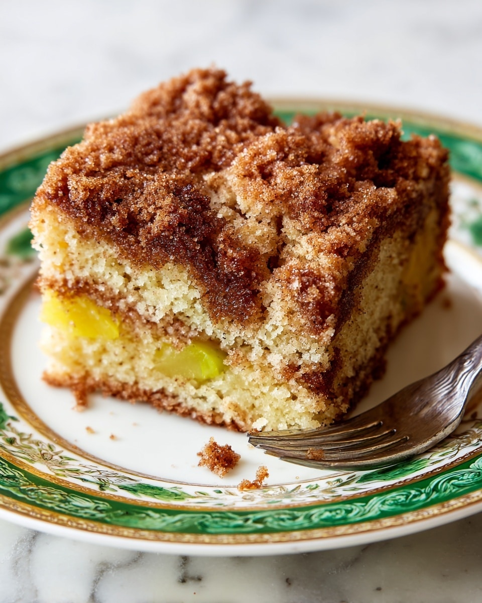 A close-up view of a piece of cinnamon sugar coffee cake on a white plate with an ornate green and gold rim, showing two layers: the bottom layer is a light brown, soft, and fluffy cake with small pieces of yellow fruit embedded inside, while the top layer is a thick, crumbly, and crunchy cinnamon sugar topping in a rich brown color. Crumbs from the topping are scattered on the plate. A silver fork is stuck into a small piece of the cake near the bottom right side of the image. The background shows a white marbled texture beneath the plate. Photo taken with an iphone --ar 4:5 --v 7