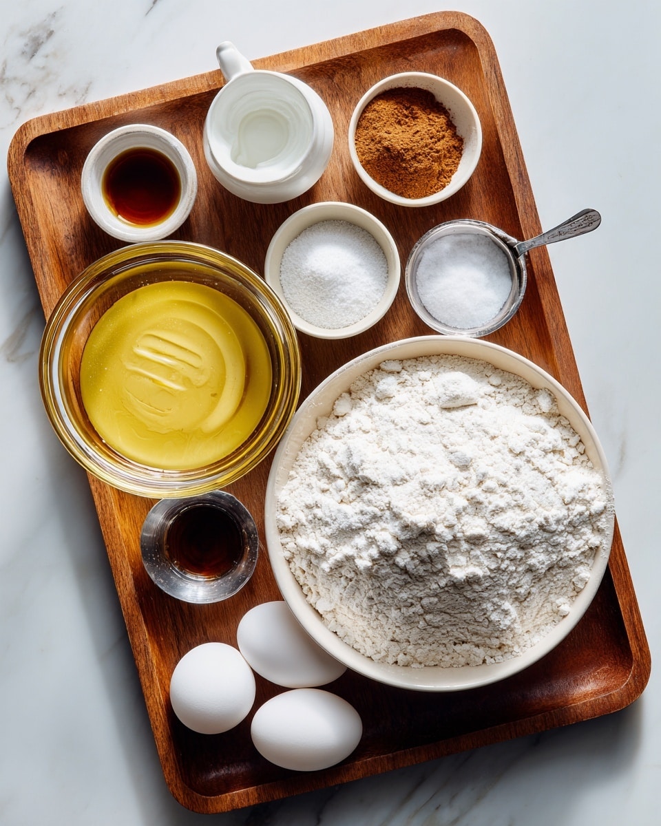 A wooden tray set on a white marbled surface holds various baking ingredients arranged neatly. At the center, a clear glass bowl contains light yellow cooled brown butter with a smooth texture. To the right of it, a round, white plastic bowl is filled with white all-purpose flour, showing a powdery texture and a small scoop indentation on top. Above the flour, three small white bowls hold white cornstarch powder, cinnamon mixed with sugar creating a brown and white contrast, and a small silver measuring cup filled with salt. On the left side, two white eggs rest beside a small white bowl of dark brown vanilla extract, and a white plastic container filled with white sugar sits at the top left. Cream of tartar in a small cup is beside the eggs. A woman’s hand is not visible but implied as if arranging the items. The whole setup has good lighting and clear focus, photo taken with an iphone --ar 4:5 --v 7