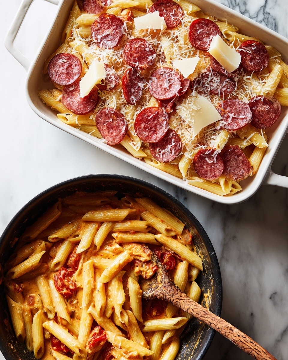 The image shows two containers on a white marbled surface. On the left, there is a white rectangular dish filled with layered pasta sheets topped with thin slices of red salami and small pieces of pale yellow cheese scattered on top. The pasta sheets are visible beneath the salami and cheese, covered lightly with grated cheese. On the right, there is a black frying pan with cooked penne pasta in a creamy orange sauce, with chunks of tomatoes visible. A wooden spoon with a textured surface rests inside the pan, partially covered with sauce. The photo taken with an iphone --ar 4:5 --v 7