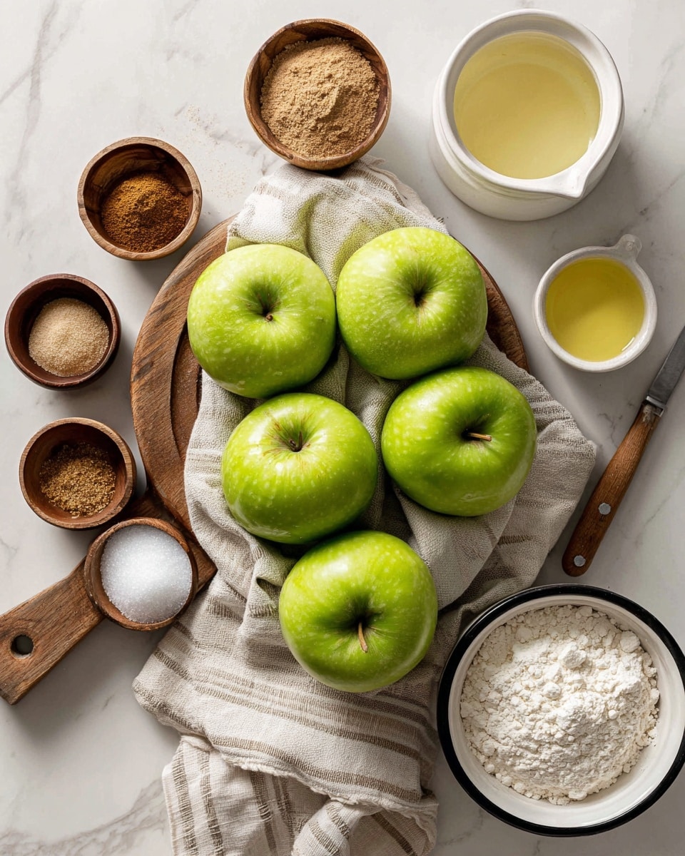 A rustic wooden board with several bright green apples placed on a light beige and white striped cloth in the center. Around the apples, there are small wooden bowls holding different spices: a fine brown powder, a light brown powder, and white granulated sugar, along with a bowl of white flour and another bowl with a pale yellow liquid. A white bowl with a black rim filled with granulated white sugar is on the right side. A small knife with a wooden handle lies on the board above the apples. The whole scene rests on a white marbled surface. photo taken with an iphone --ar 4:5 --v 7
