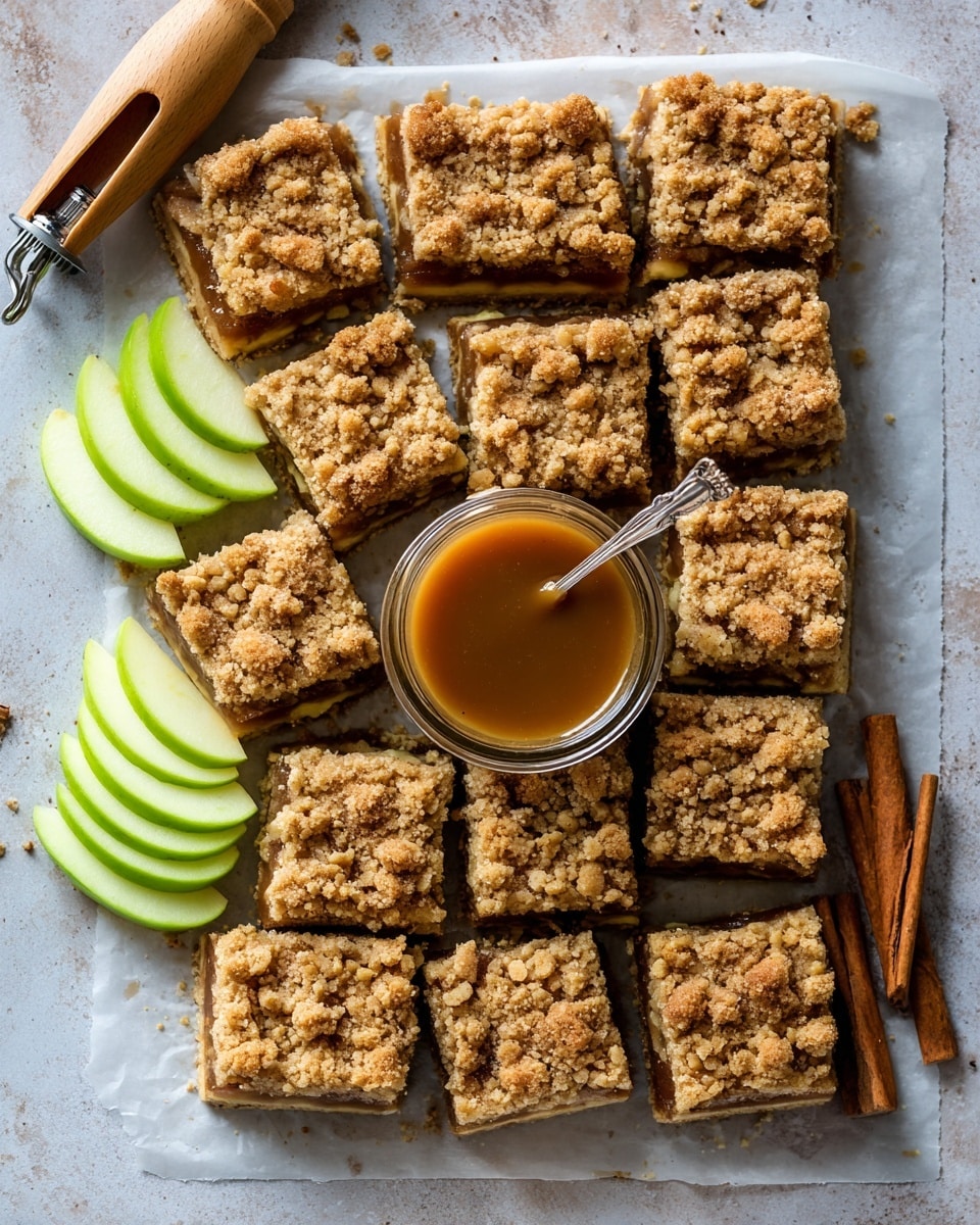 The image shows a white marbled surface with a large sheet of parchment paper holding many square apple crumb bars arranged in a grid. Each bar has a rough, crumbly golden brown top layer with a darker, baked filling layer beneath, and a lighter crust at the bottom. In the center, there is a small glass jar filled with caramel sauce, with a spoon inside the jar. Around the jar, there are green apple slices fanned out neatly and two whole cinnamon sticks lying flat on the parchment. The top left corner features a wooden apple peeler tool. photo taken with an iphone --ar 4:5 --v 7