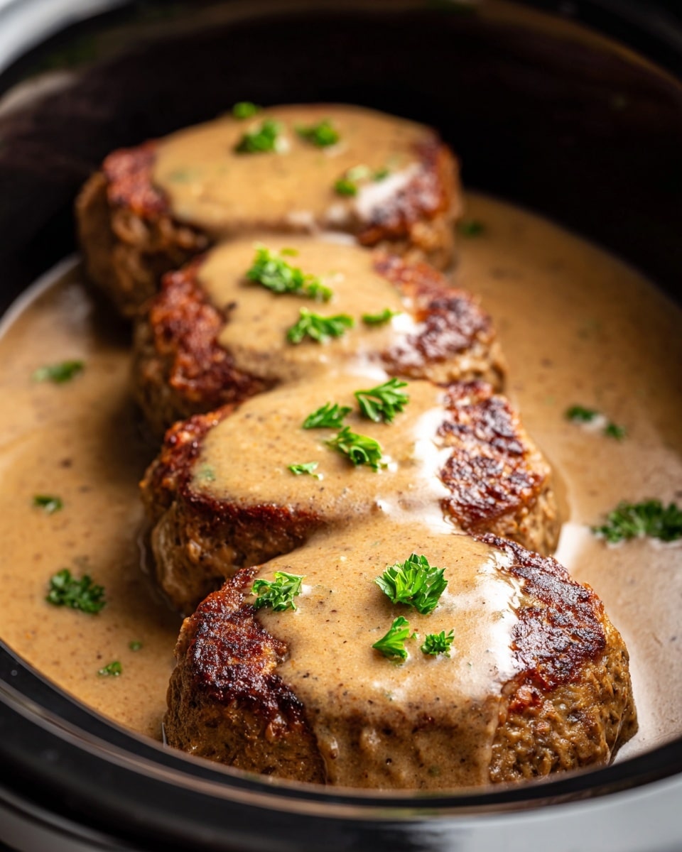 There are four thick brown meat patties lined up in a black slow cooker, each covered with a smooth, light brown gravy sauce that shines under the light. The patties are garnished with small green parsley pieces scattered on top, adding a fresh contrast to the creamy sauce. The image is close up, focusing on the texture of the sauce and the patties inside the cooker, which has a dark and glossy inside surface, with a soft white marbled texture underneath the cooker. photo taken with an iphone --ar 4:5 --v 7
