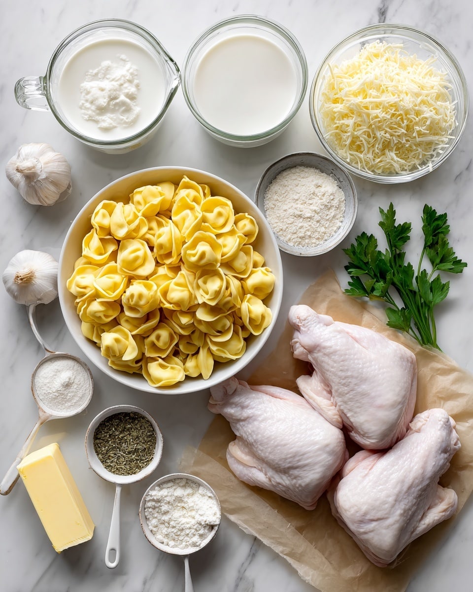 The image shows a top view of cooking ingredients neatly arranged on a white marbled surface. In the center is a white bowl filled with bright yellow refrigerated five cheese tortellini. To the right, there are two large raw chicken pieces resting on light brown parchment paper. Above the tortellini, there are two clear glass measuring cups filled with white heavy cream and milk. Small white bowls contain light beige breadcrumbs, shredded white asiago cheese, and chopped white garlic. A stick of light yellow butter lies near the bottom left. Around the main items, there are various measuring spoons holding dried green Italian seasoning, dark pepper, white salt, and pale garlic powder. A small white spoon holds white flour, and next to it are fresh green parsley sprigs. The ingredients are spaced out clearly with text labels above or beside each item describing the quantity and name. The overall feel is clean, bright, and organized. Photo taken with an iphone --ar 4:5 --v 7