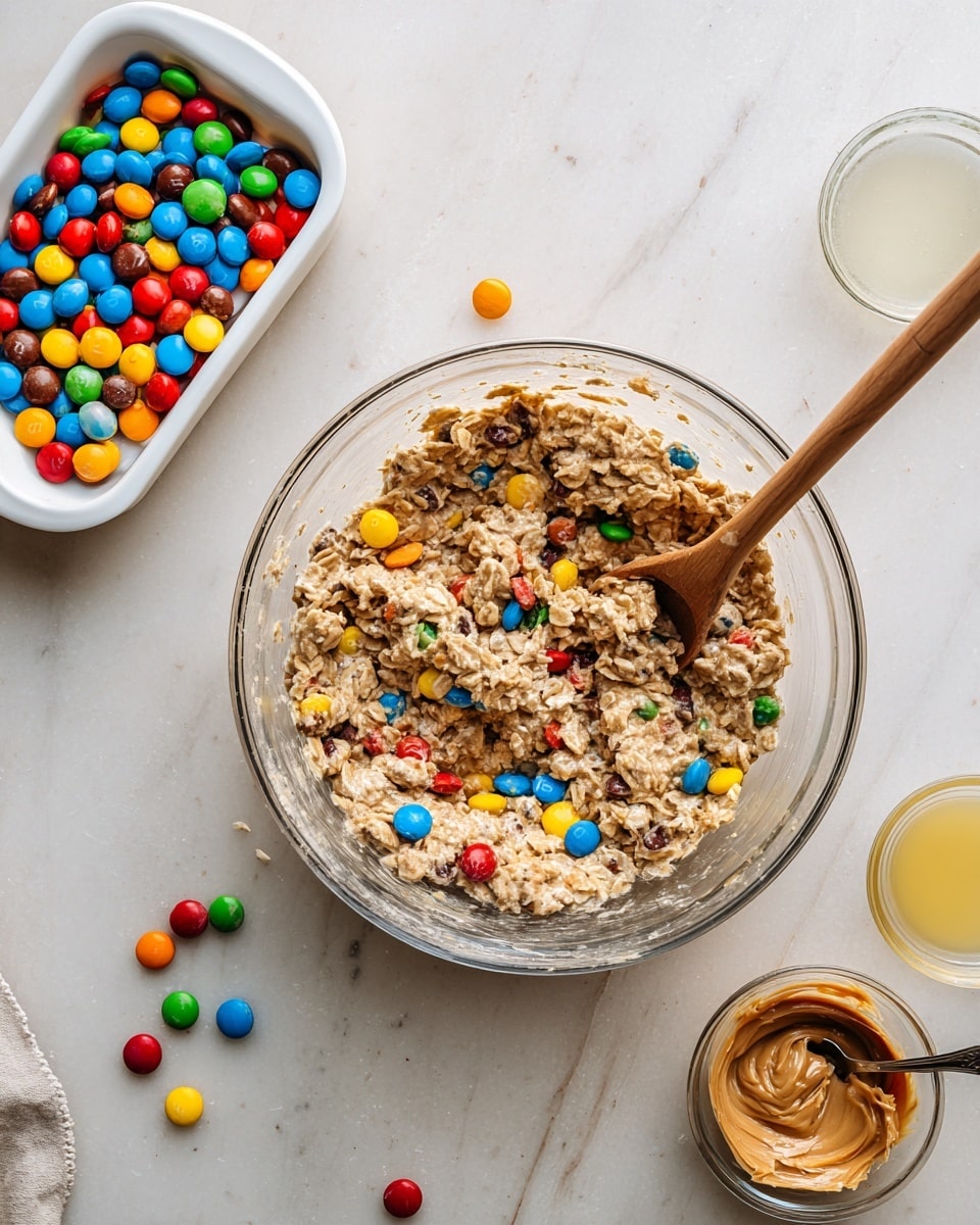 A clear glass bowl filled with a thick, rough oatmeal mixture that includes small colorful candy pieces in red, yellow, blue, green, and orange. A wooden spoon rests inside the bowl, partially buried in the mixture. Near the bowl, there is a white divided dish filled with many small, colorful round candies, some of which are scattered on the white marbled surface around it. To the right, there are two small clear glass bowls; one has some creamy light brown peanut butter residue with a metal spoon inside, and the other contains a small amount of light yellow liquid. The whole setting is on a bright white marbled surface. photo taken with an iphone --ar 4:5 --v 7