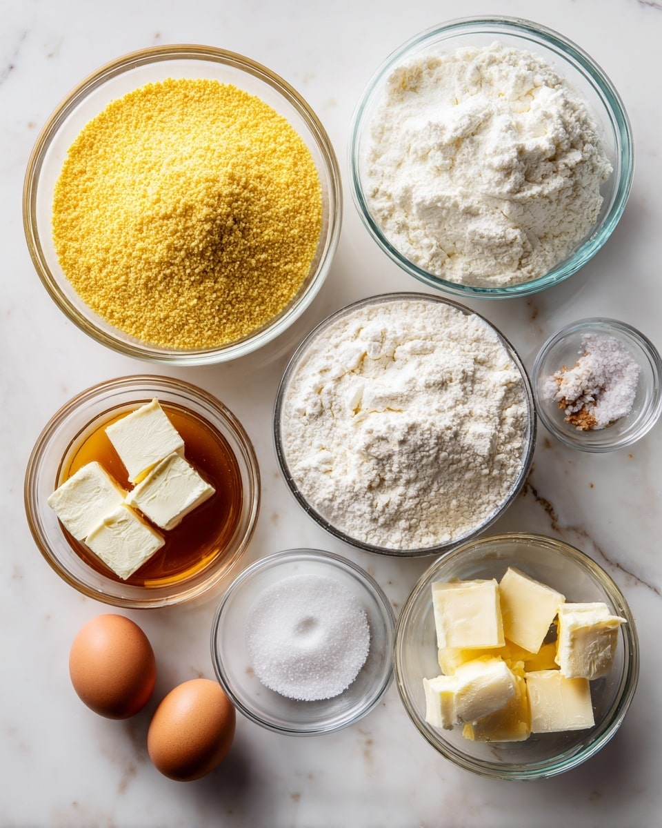 A top view of several clear glass bowls arranged on a white marbled surface. The largest bowl holds bright yellow cornmeal with a grainy texture. Next to it, a medium bowl contains smooth white buttermilk. Another large bowl is filled with soft white all-purpose flour. A smaller bowl nearby holds golden honey with a thick, shiny surface. Adjacent to that is a bowl with pale yellow melted butter in soft blocks. There is also a small clear bowl with fine white granulated sugar and another with white baking powder. Two brown eggs lie directly on the surface near these bowls. Lastly, a bowl with coarse kosher salt completes the arrangement, all ingredients spaced evenly and neatly. Photo taken with an iphone --ar 4:5 --v 7