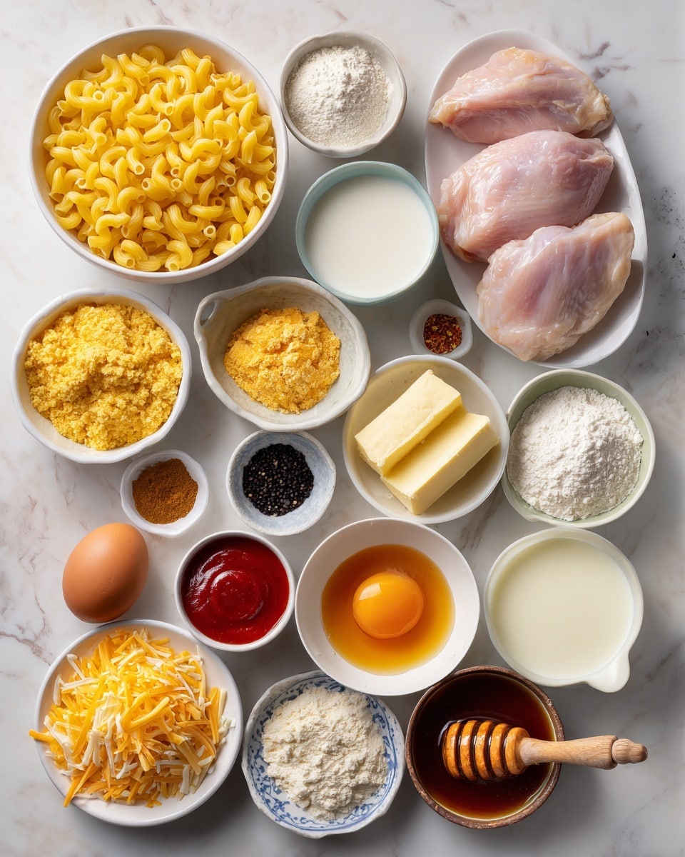The image shows multiple small white bowls arranged on a white marbled surface, each containing different cooking ingredients. In the top left, a bowl is filled with yellow elbow macaroni. Beside it are two raw, light pink chicken pieces in a bowl. Various bowls contain white powders and liquids, including flour, milk, and a creamy white substance. Other bowls hold shredded orange and white cheeses, butter cubes, and spices with colors like black, red, and brown. There is a bowl of honey with a wooden dipper resting on it, a small bowl with a red sauce, and an egg. The colors vary from creamy white and yellow to bright orange and red, all neatly organized with clear textures visible. photo taken with an iphone --ar 4:5 --v 7