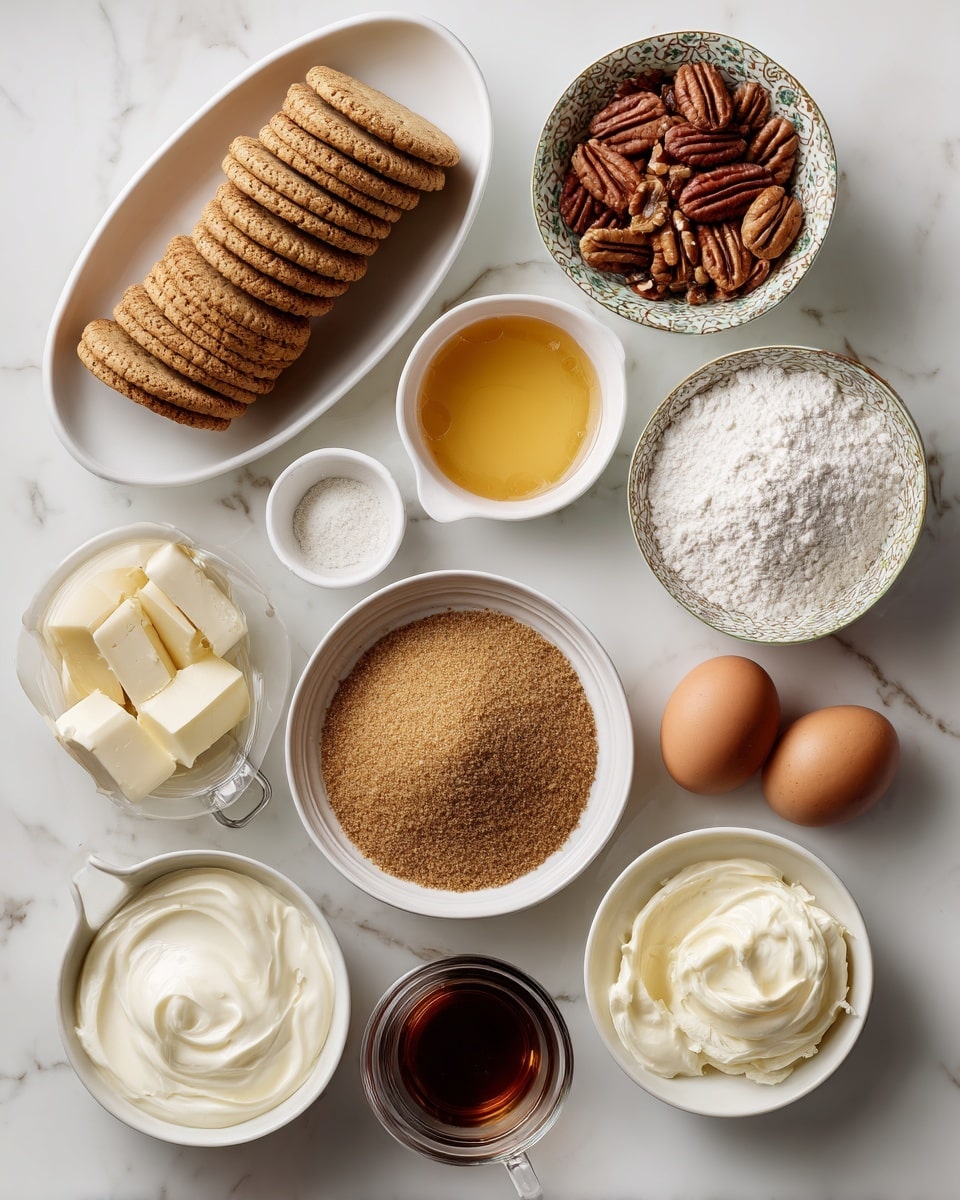The image shows various baking ingredients neatly arranged on a white marbled surface. Starting from the top left, there is a white oval plate filled with light brown digestive biscuits stacked in layers. Next to it, a small white bowl holds golden honey that looks smooth and shiny. To the right, a patterned bowl is filled with whole pecans that are brown and textured. Below the biscuits, another patterned bowl contains white granulated sugar, looking fine and grainy. Beside it, a patterned bowl with brown sugar shows a crumbly, soft texture and rich brown color. To the right, a small white bowl holds four brown eggs with smooth shells. Below the sugar bowls, a small white bowl with all-purpose flour sits, fluffy and white. Next to it, a tiny glass cup contains dark brown vanilla extract. Beside the extract, a clear glass cup with a handle holds pale yellow butter in thick slices. At the bottom left, a white bowl contains full-fat sour cream, thick and smooth, and to the right, another white bowl holds full-fat cream cheese, which is creamy and slightly crumbly. All items are well lit, clear, and neatly placed. Photo taken with an iphone --ar 4:5 --v 7